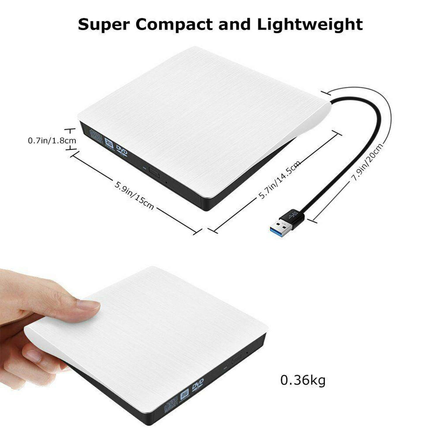 Ultra-Thin Portable External CD DVD Drive - USB 3.0 & USB-C 2-in-1 DVD Player/Recorder for Windows, Mac, iOS - Plug & Play for Laptops, Desktops & Car Entertainment (White)