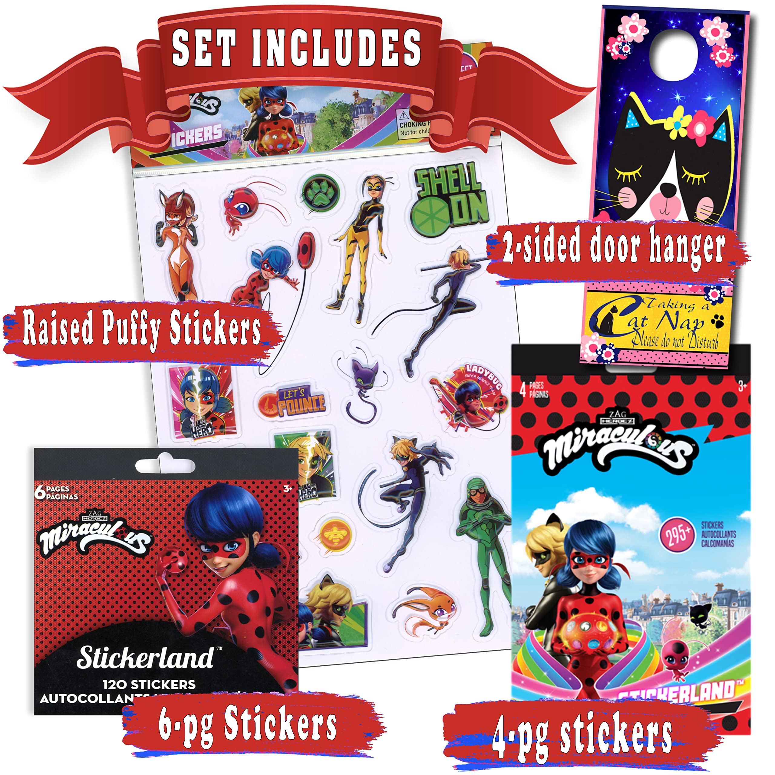 Miraculous Ladybug and Cat Noir Activity Bundle - Stickers, Raised Stickers & 2-Sided Door Hanger for Kids | Perfect for Birthday Parties, School Projects & Room Decor