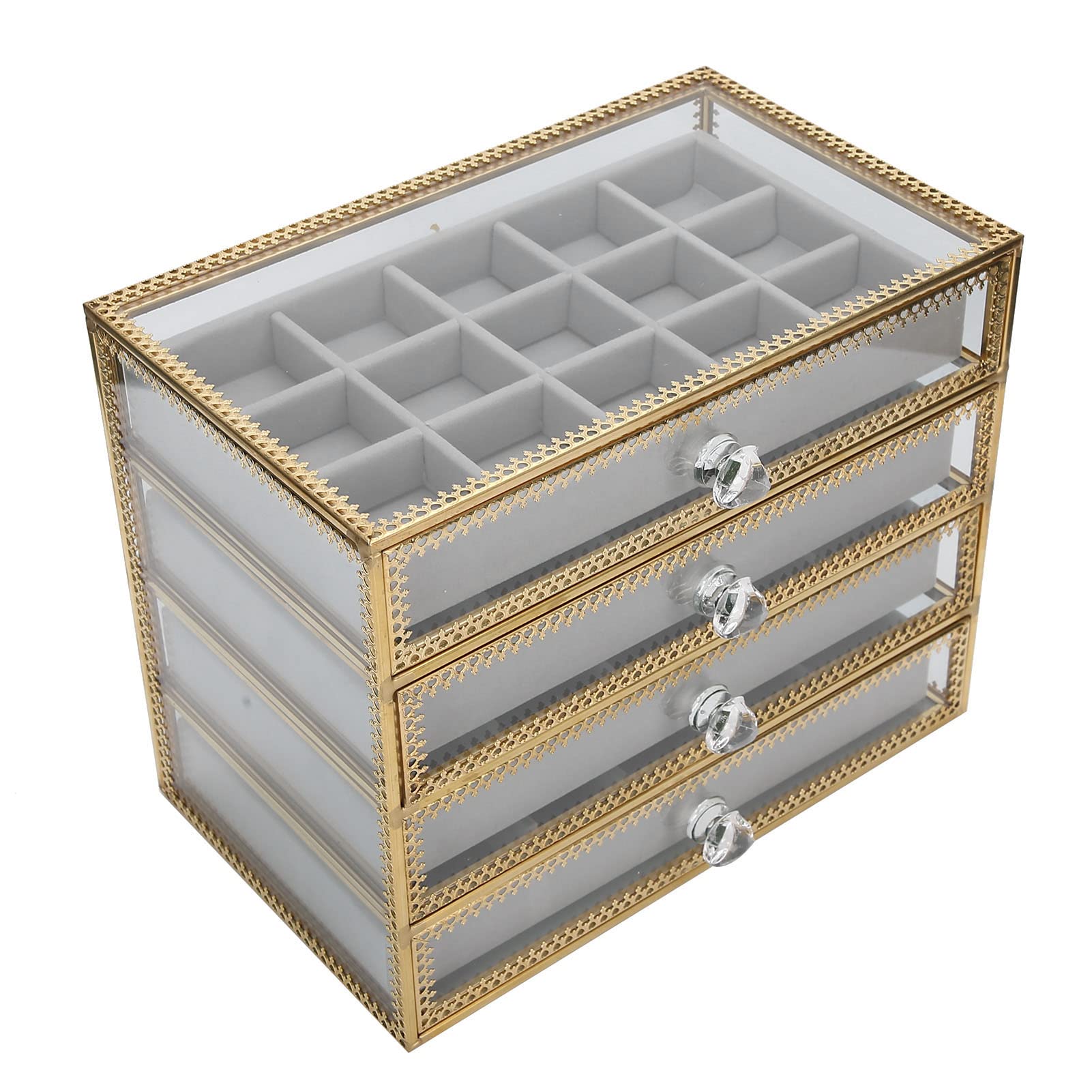 EXCLUZO 60 Grids Clear Glass Nail Art Organizer Box with 4 Drawers - Nail Polish & Jewelry Storage for Salon, Home, and Mall Counter Display
