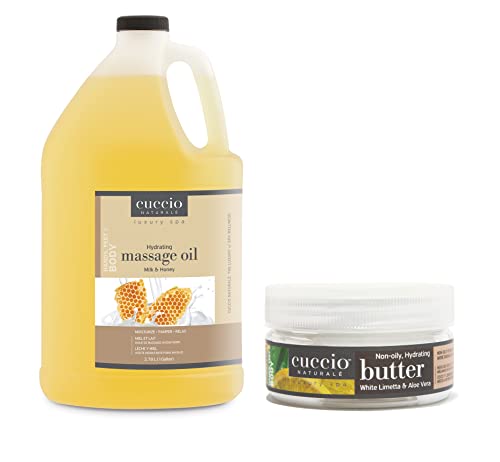 **Cuccio Naturalé Butter Blend White Limetta & Aloe Vera Lotion - Non-Greasy, Paraben-Free, Cruelty-Free Moisturizer (8 oz) with Luxury Spa Hydrating Massage Oil - Milk & Honey (1 Gallon, 128 oz) - Perfect for Home Spa, Massage Therapy & Dry Skin Care**