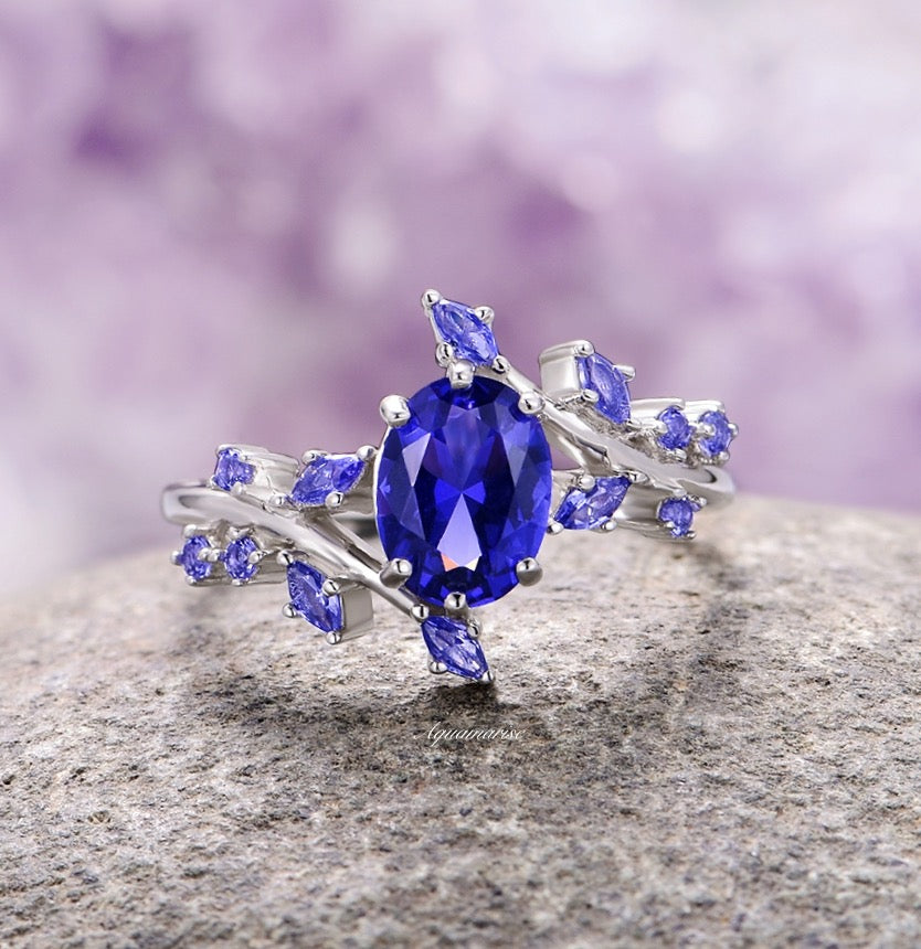 Orion Nebula & Cornflower Sapphire Leaf Couples Ring - Matching Wedding Bands, Celestial Inspired Jewelry for Anniversaries & Romantic Gifts