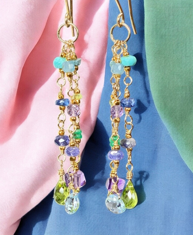 Peridot, Blue Topaz & Amethyst Multi-Gemstone Gold Dangle Earrings for Women - Elegant Statement Jewelry for Parties, Weddings & Special Occasions