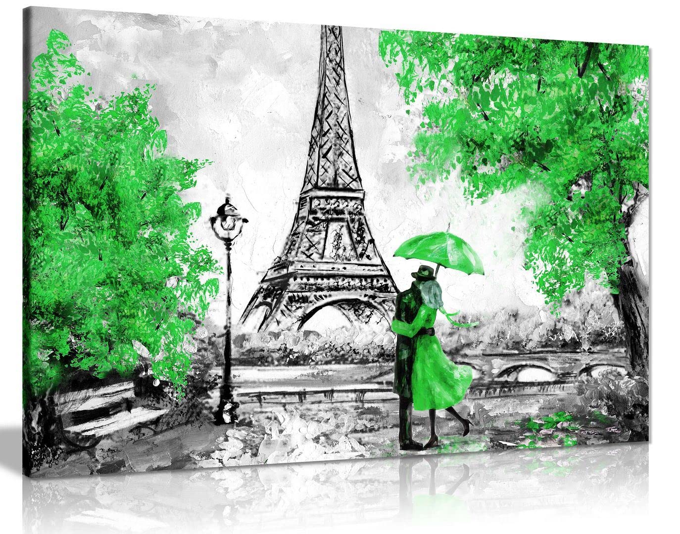 Paris Eiffel Tower Oil Painting Reproduction - Green Canvas Wall Art Print (36x24 Inch) for Living Room, Bedroom & Office Decor
