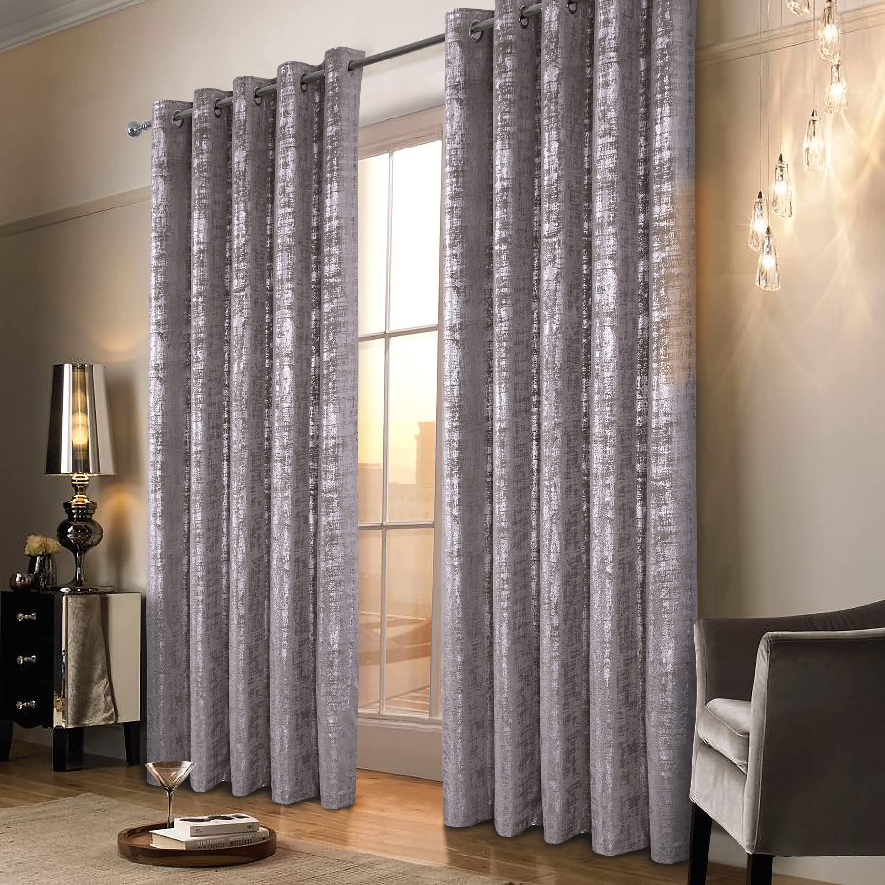 Always4u Champagne Soft Velvet Curtains 84 Inch Length - Luxury Thermal Insulated Blackout Drapes with Silver Foil Print, Set of 2 Panels for Living Room & Bedroom Window Treatments | Perfect for Home Decor, Light Blocking & Noise Reduction