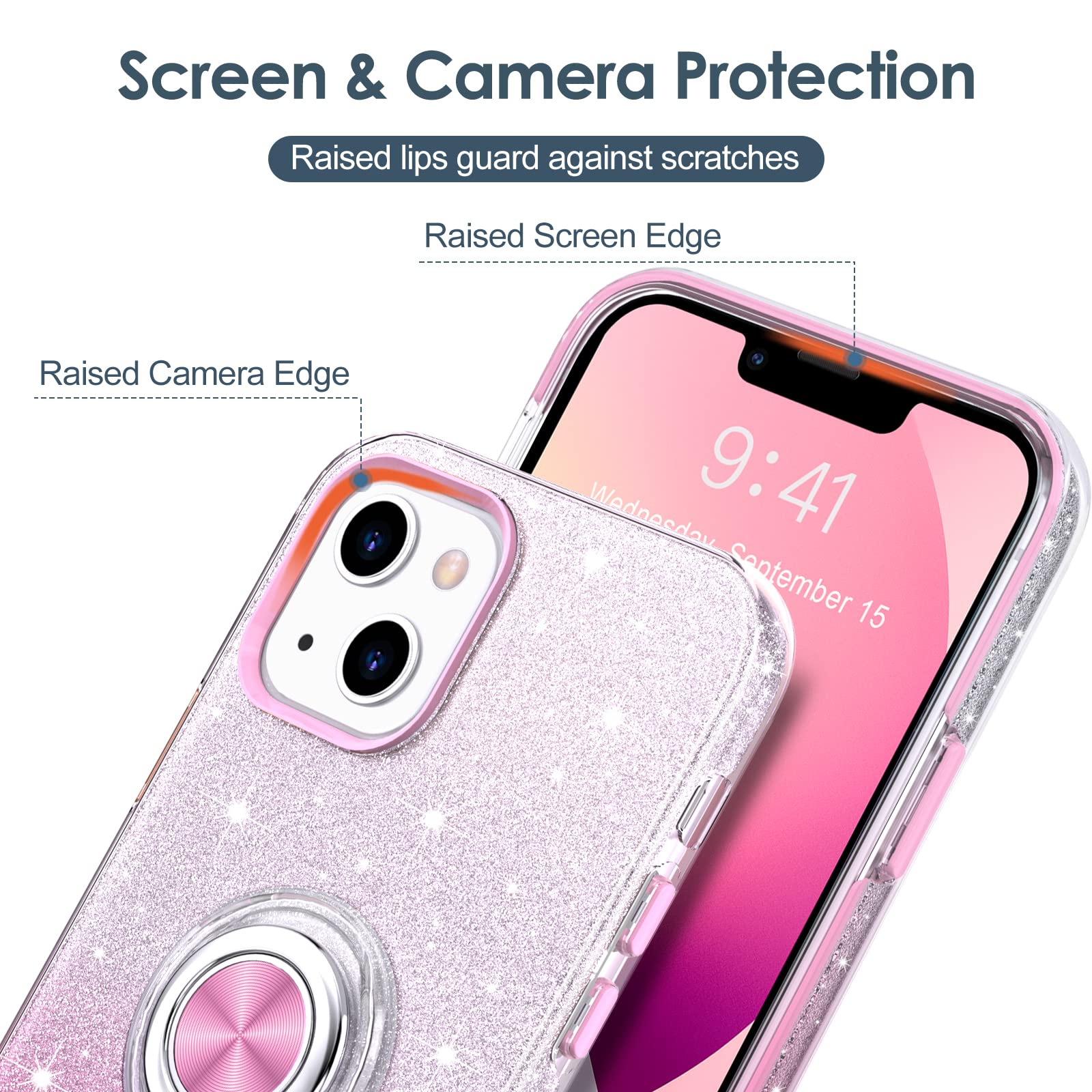 Hython Magnetic Phone Case for iPhone 13 with 360° Rotatable Ring Stand & Kickstand - Glitter Bling Sparkle Hybrid Slim Protective Cover for Women (Pink) | Perfect for Car Mounting, Hands-Free Viewing & Everyday Protection