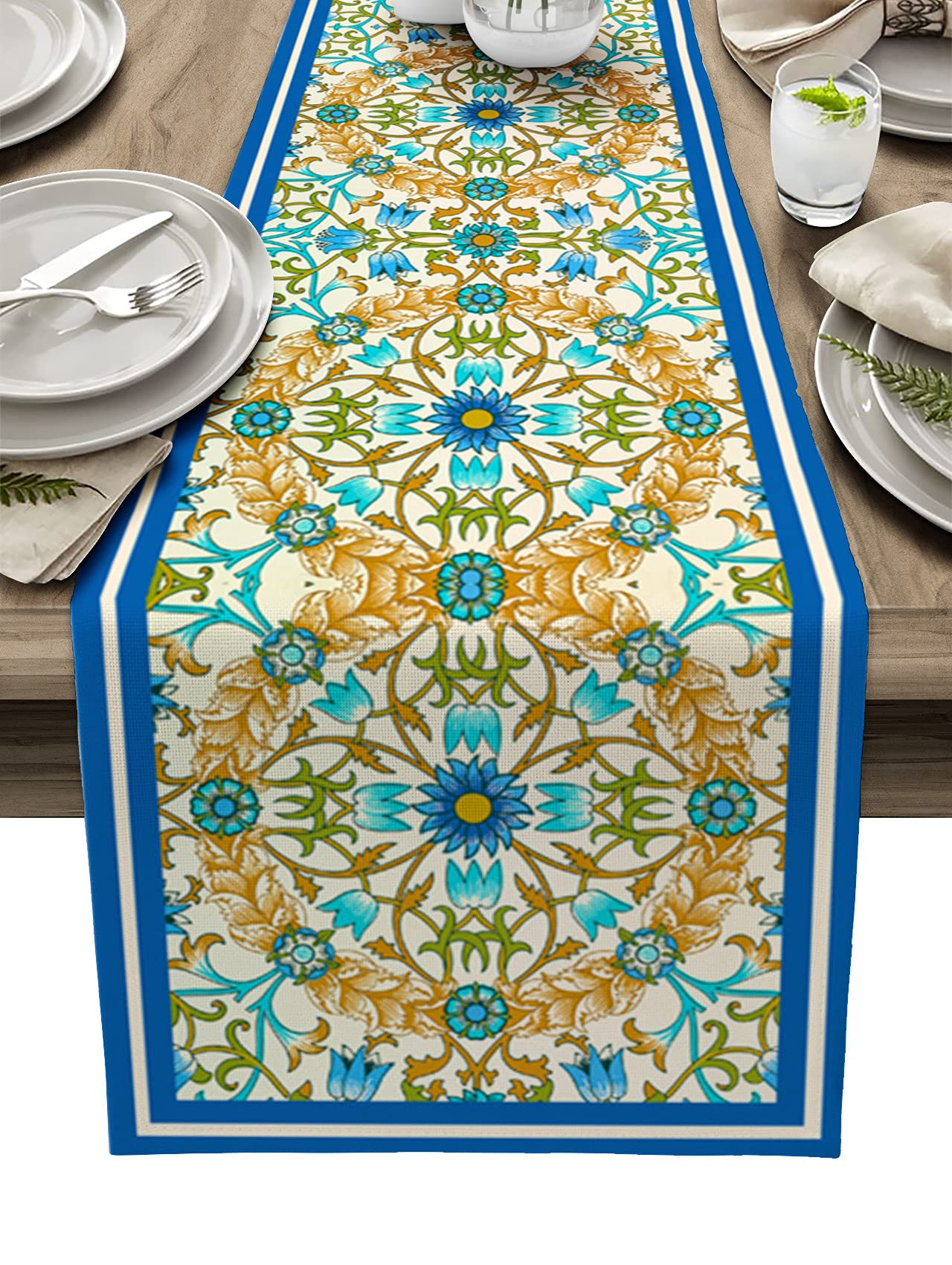 Housein Summer Floral Vintage Farmhouse Boho Table Runner - 14x72 Inch Cotton Linen Blend for Dining Room, Kitchen, Living Room Decor | Perfect for Holiday Parties, Wedding & Everyday Boho Chic Table Setting