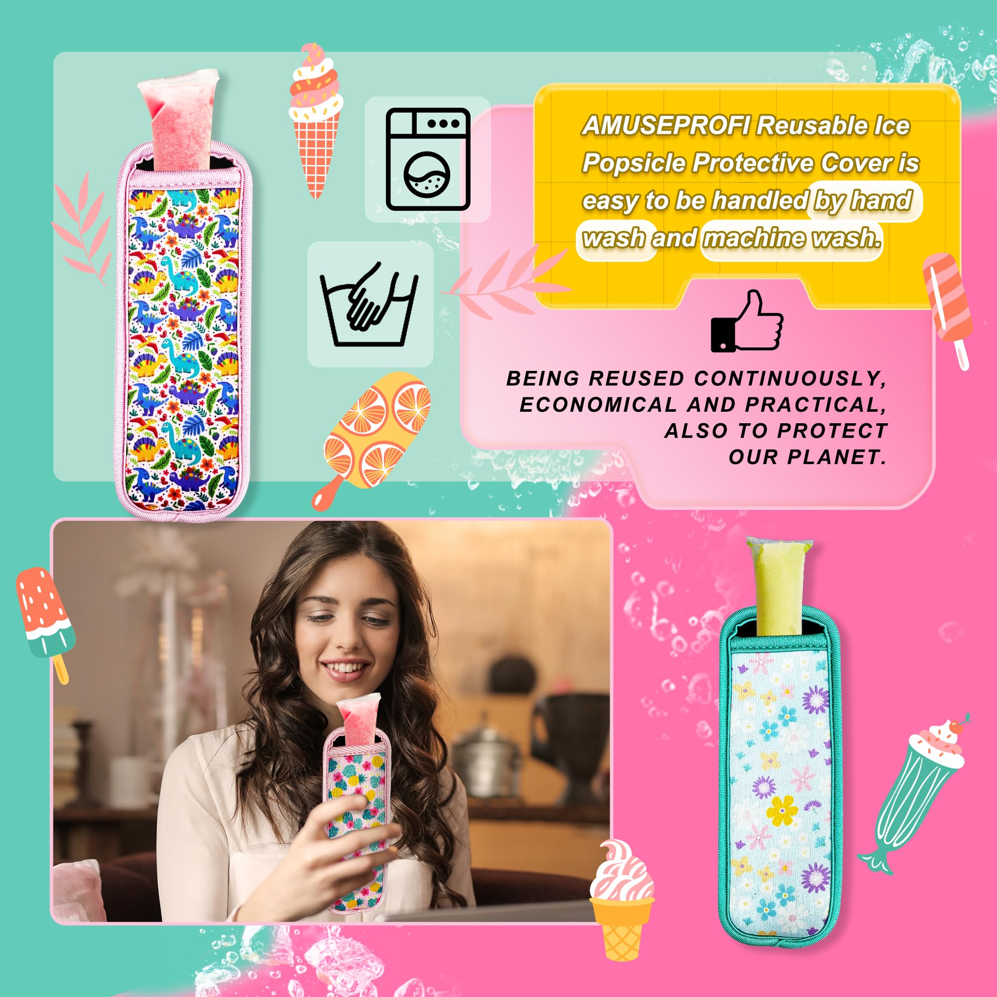 10 Pack Reusable Popsicle Holders - Neoprene Ice Pop Sleeves for Freezer Protection, Anti-Freeze Washable Ice Pop Covers - Perfect for Summer Treats, Kids Snacks & DIY Frozen Desserts