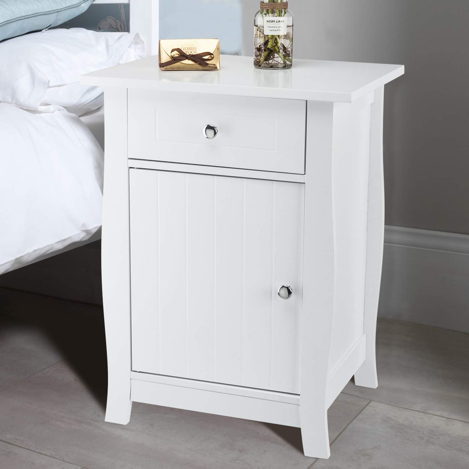 Bonnlo White Nightstand with Drawer & Door Cabinet - Wooden Storage Organizer Bedside Table for Bedroom, Living Room, Kids Room & Dorm - Compact Nightstand with Shelves for Small Spaces