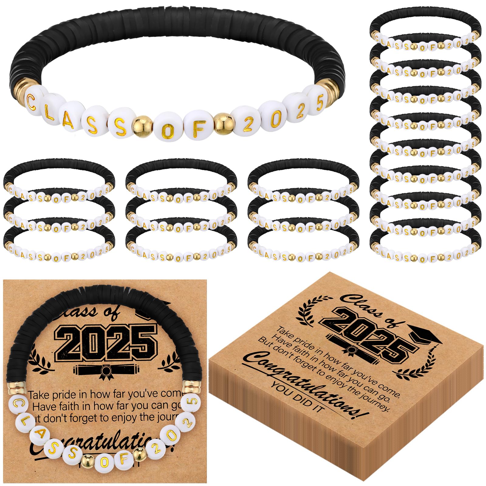 20 Pack Black Class of 2025 Graduation Bracelets - Bulk Prom Gifts for Seniors, College Graduation Party Favors, Senior Night Souvenirs with 20 Matching Congratulations Cards - Perfect for High School & College Graduation Celebrations