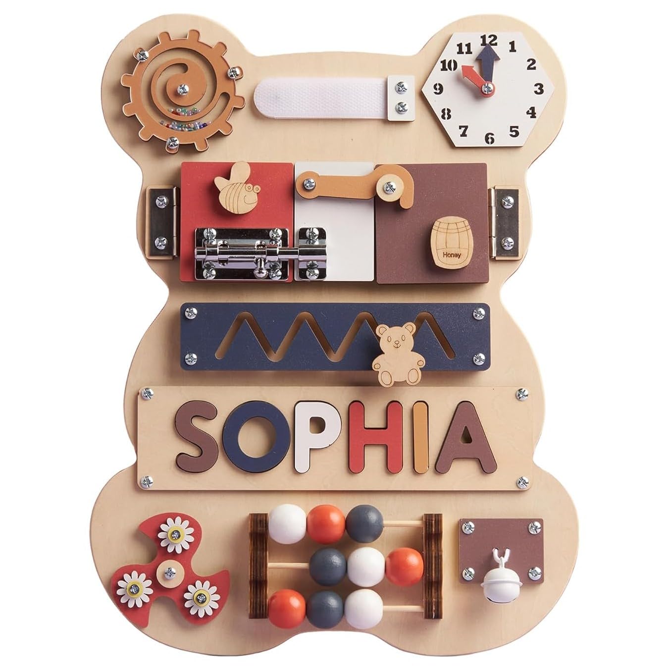 Montessori Busy Board for Toddlers - Personalized Wooden Bear Name Puzzle & Sensory Activity Toy | Learning Toys for 1 Year Old | Unique Birthday & Easter Gift for Baby Boys & Girls (Black Rose) | Perfect for Early Childhood Development, Travel & Home Playtime