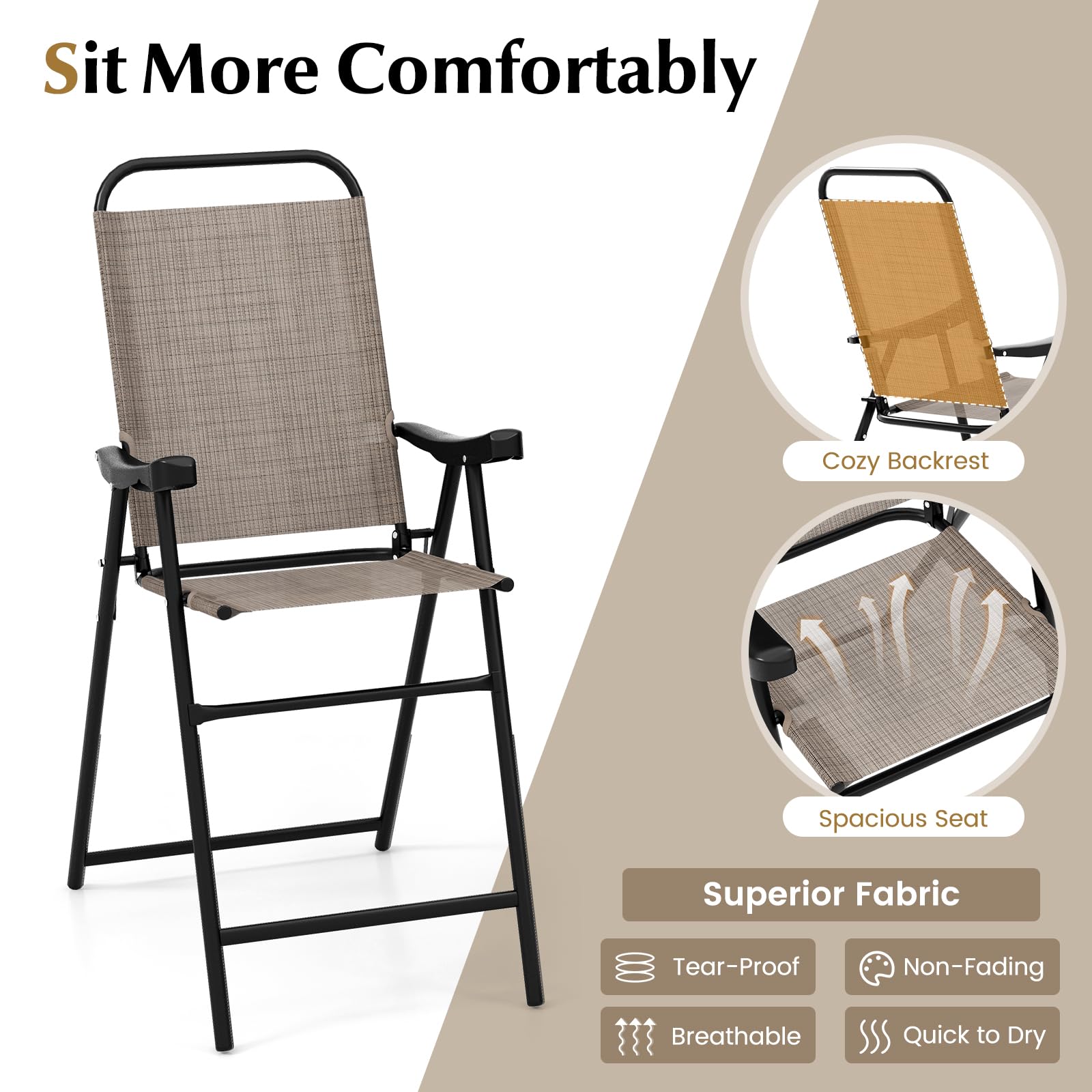 COSTWAY 4-Piece Patio Folding Bar Chair Set - Metal Frame High Top Outdoor Bar Stools with Footrest - Weather-Resistant for Balcony, Garden, Poolside & Coffee Shop Use