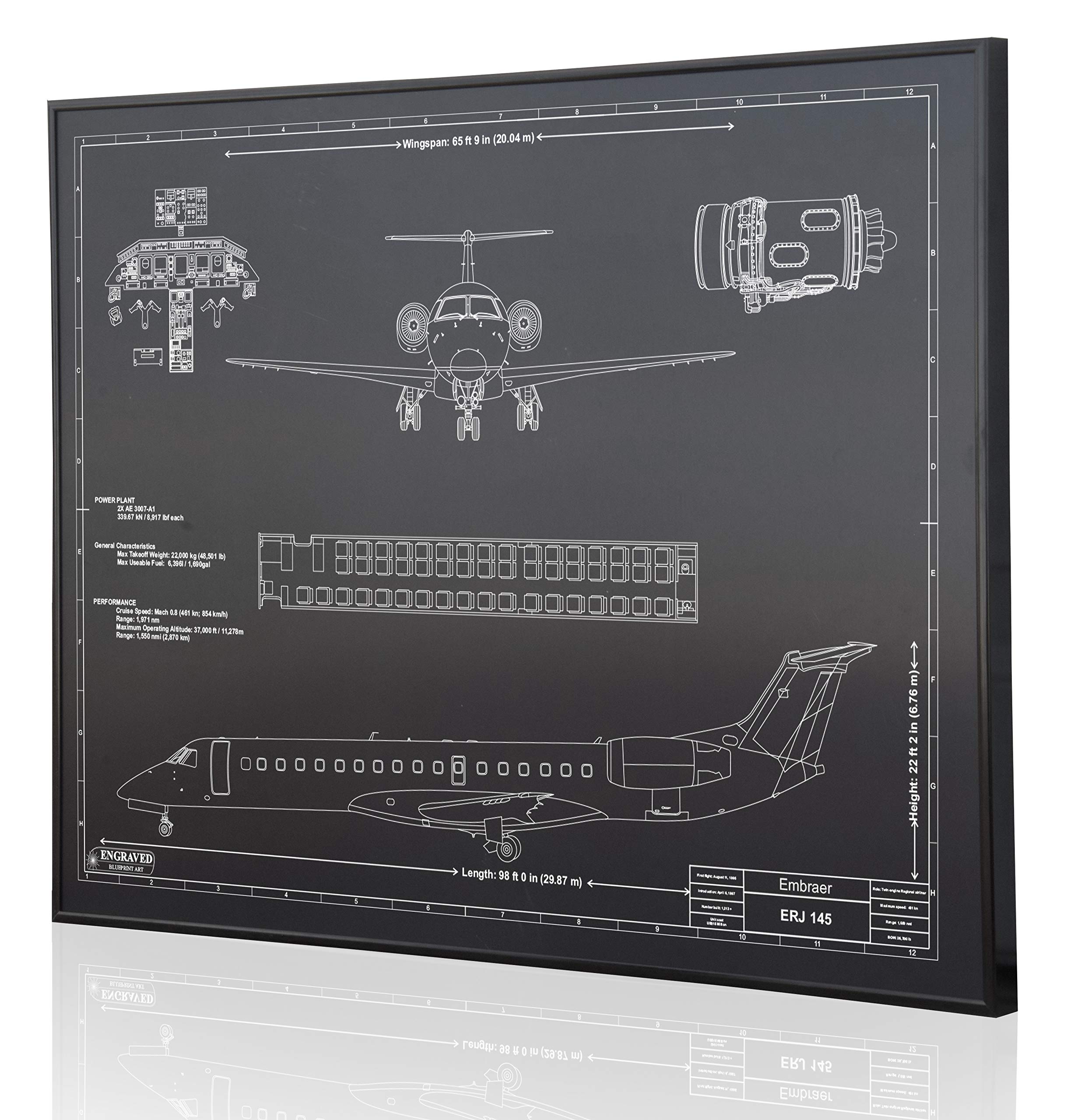 Embraer Regional Jet 145 Blueprint Artwork - Laser Engraved Personalized Aviation Gift for Pilots & Aviation Enthusiasts - Perfect for Home, Office Decor & Pilot Appreciation Gifts