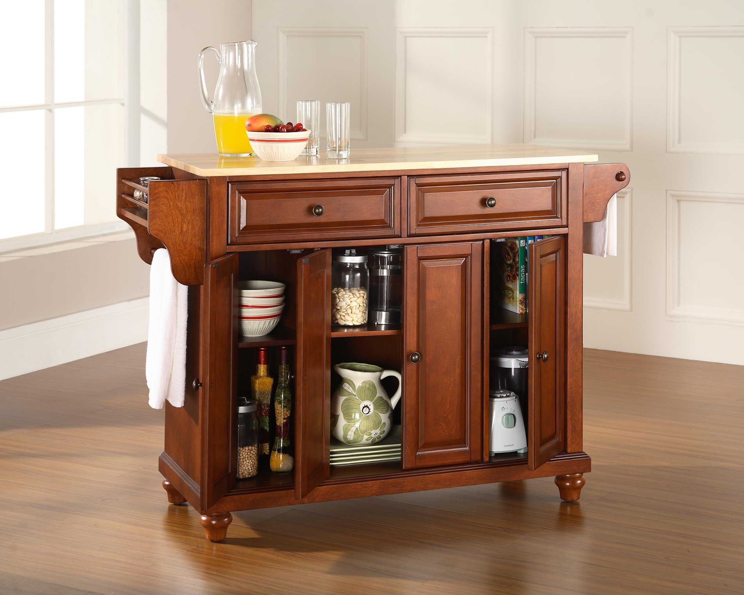 Crosley Cambridge Wood Top Rolling Kitchen Island Cart with Storage - Microwave Stand, Spice Rack, Cherry Finish - Perfect for Small Kitchens, Pantry Organization & Mobile Cooking Station