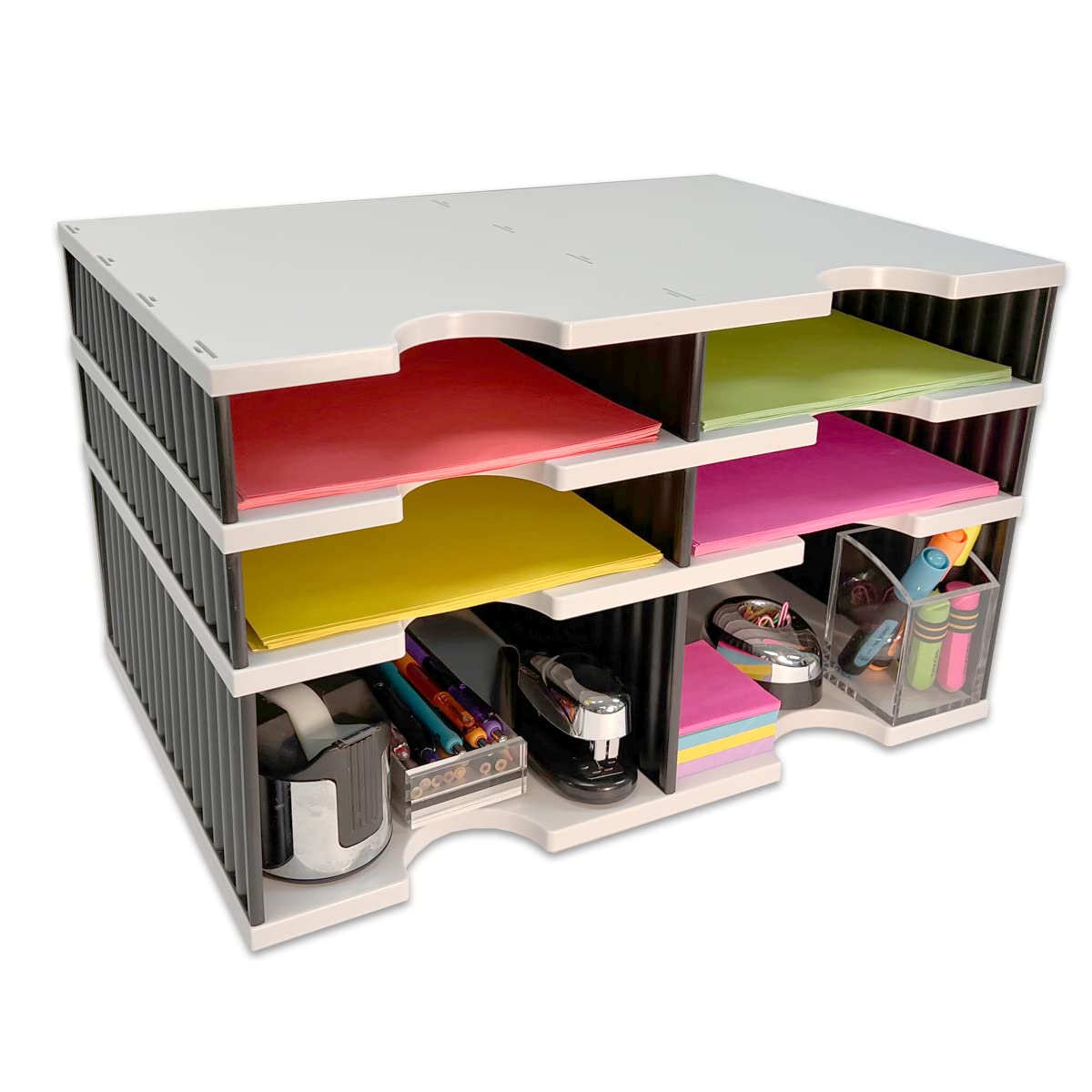 4-Tier Desktop Organizer with Letter Trays & Storage Base - Easy Access Lower Slots | Office Desk Accessories & Supplies | Perfect for Home Office, School, or Workspace Organization