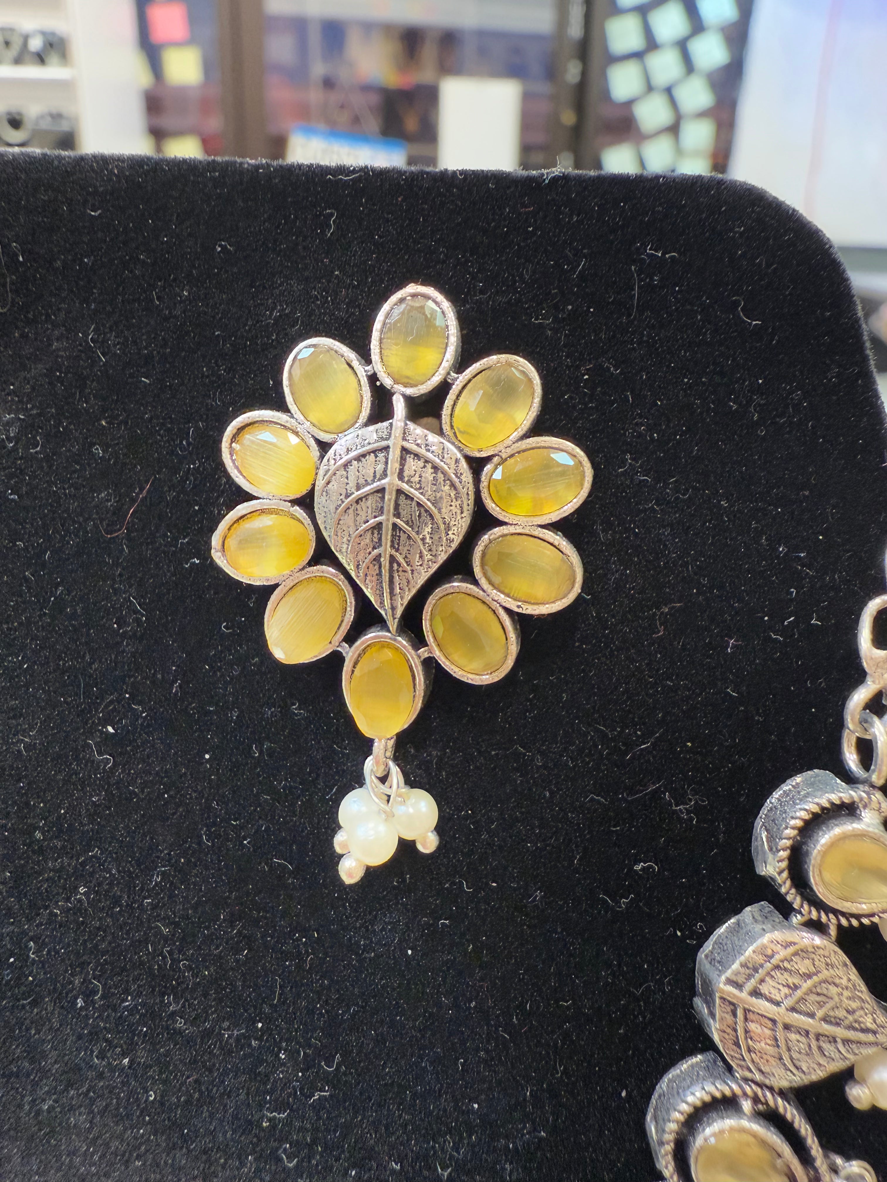 Elegant Silver Plated Oxidized Necklace Set with Pearl Drop Earrings | Light Yellow Jewelry for Women | Perfect for Weddings, Parties & Special Occasions