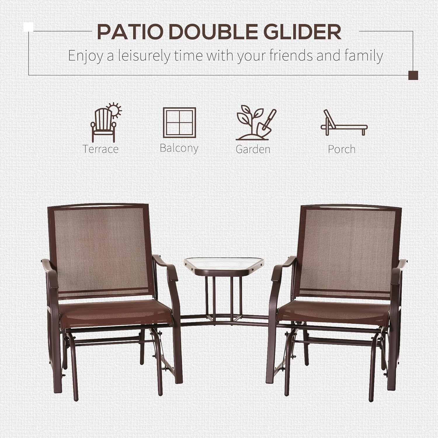 Outdoor Glider Bench & Chair - X&T 2-Person Patio Double Glider Rocker with Metal Sliding Tracks, Sling Fabric Loveseat & Center Table - Perfect for Porch, Garden, Lawn & Backyard Relaxation (Black)