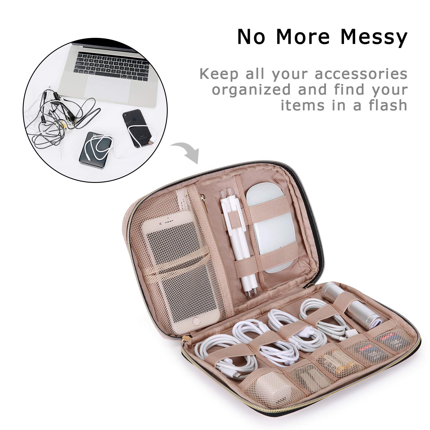 BAGSMART Large Electronics Organizer Travel Case - Waterproof Cable Organizer Bag with Multiple Pockets for Laptop, Tablet, Chargers & Accessories | Perfect for Business Trips, Vacation & Daily Commute (Pink)