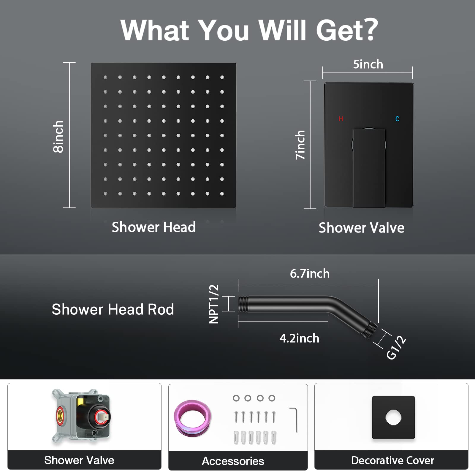 8in Black Pressure Balance Shower Valve Kit - Stainless Steel Rainfall Shower System with Brass Rough-in Valve for Bathroom Remodel | Perfect for Modern Home Spa Experience