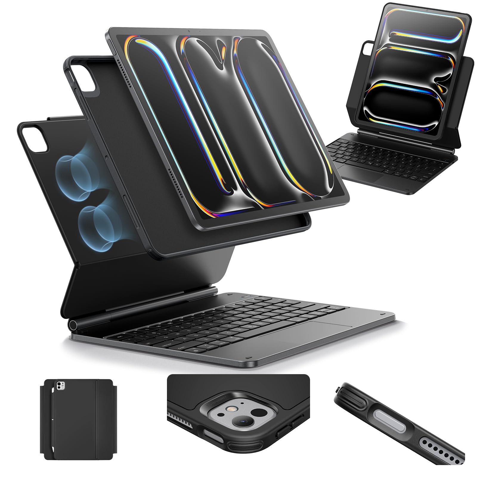 ESR iPad Pro 13 Inch Keyboard Case (2024 M4 Model) - Magnetic Stand with Portrait/Raised Modes, Removable Protective Cover | Rebound 360 Series in Black | Perfect for Work, Study & Travel