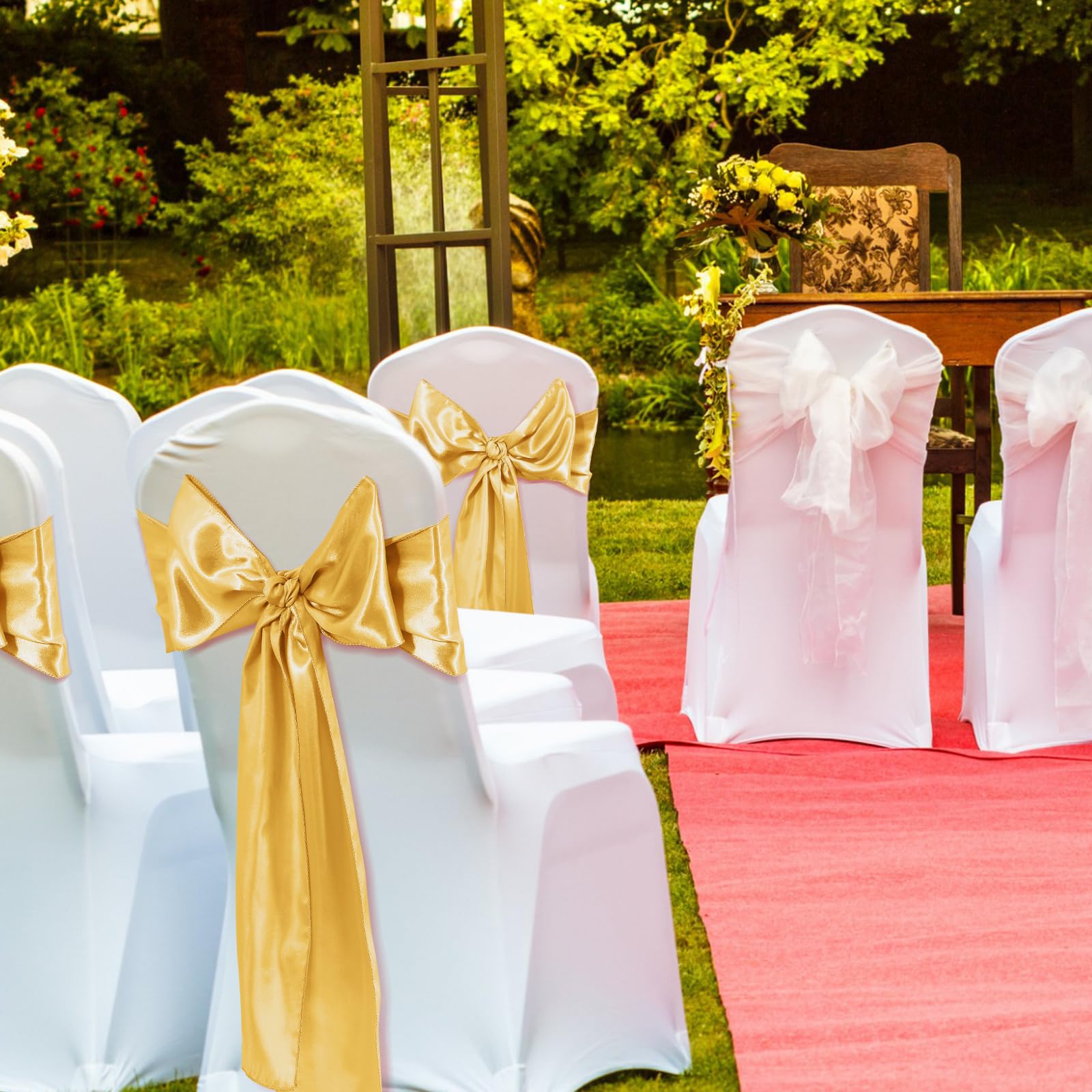 100 Pcs Wedding Chair Covers Set - 50 Stretch Spandex Chair Covers + 50 Decorative Elastic Sashes - Gold & White for Wedding Banquet, Party, Dining Room & Kitchen Decorations - Elegant Chair Bows for Bridal Showers, Receptions & Special Events