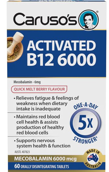 Carusos Activated B12 6000 mcg - High Potency Vitamin B12 Supplement for Energy, Metabolism & Nerve Support - Vegan & Non-GMO - Boost Energy for Workouts, Focus & Daily Wellness
