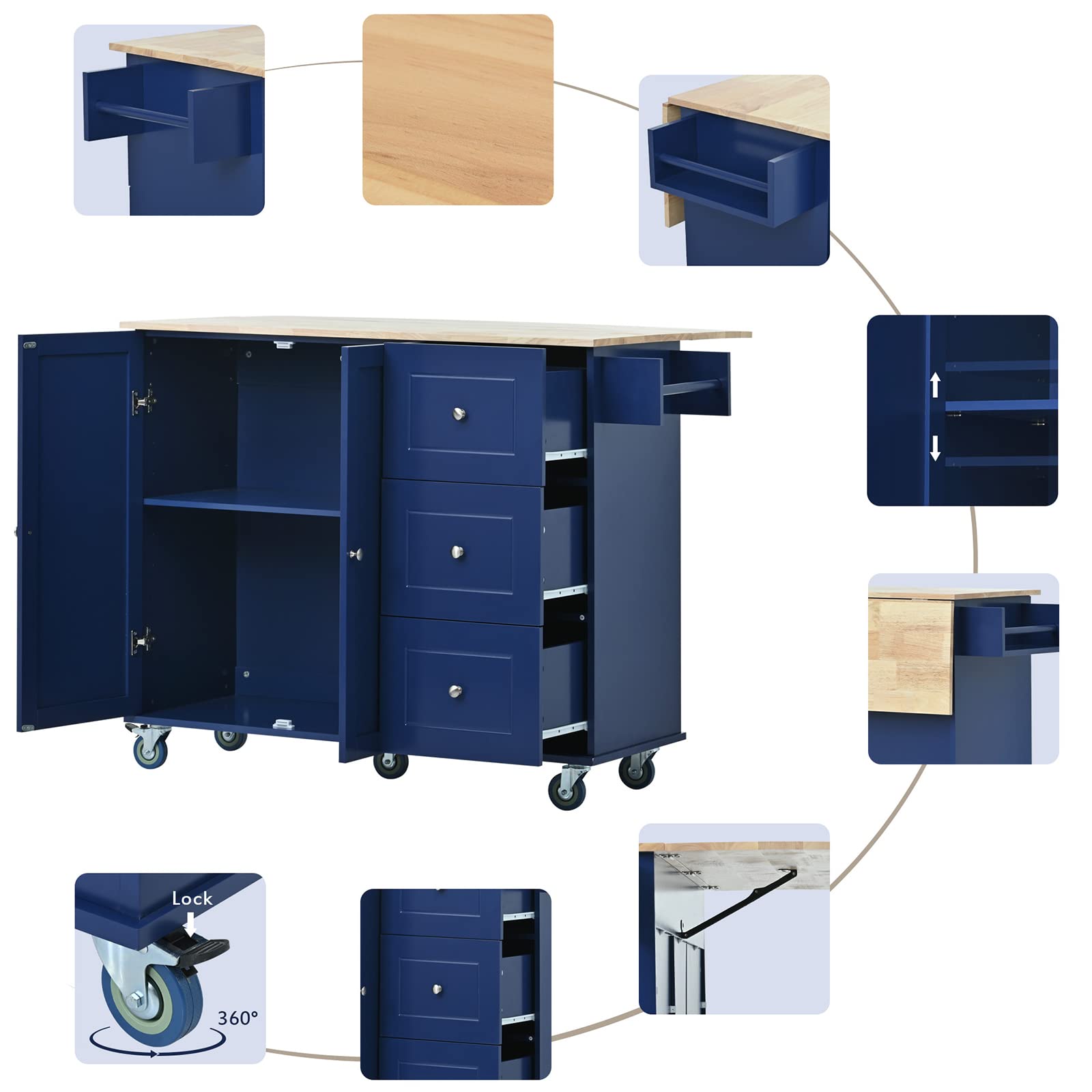 Tmosi Rolling Kitchen Island Cart with Storage - Mobile Kitchen Cabinet with Drop Leaf, Spice Rack, Towel Rack & Drawer - Perfect for Small Kitchens, Dining Rooms & Apartments (Dark Blue)