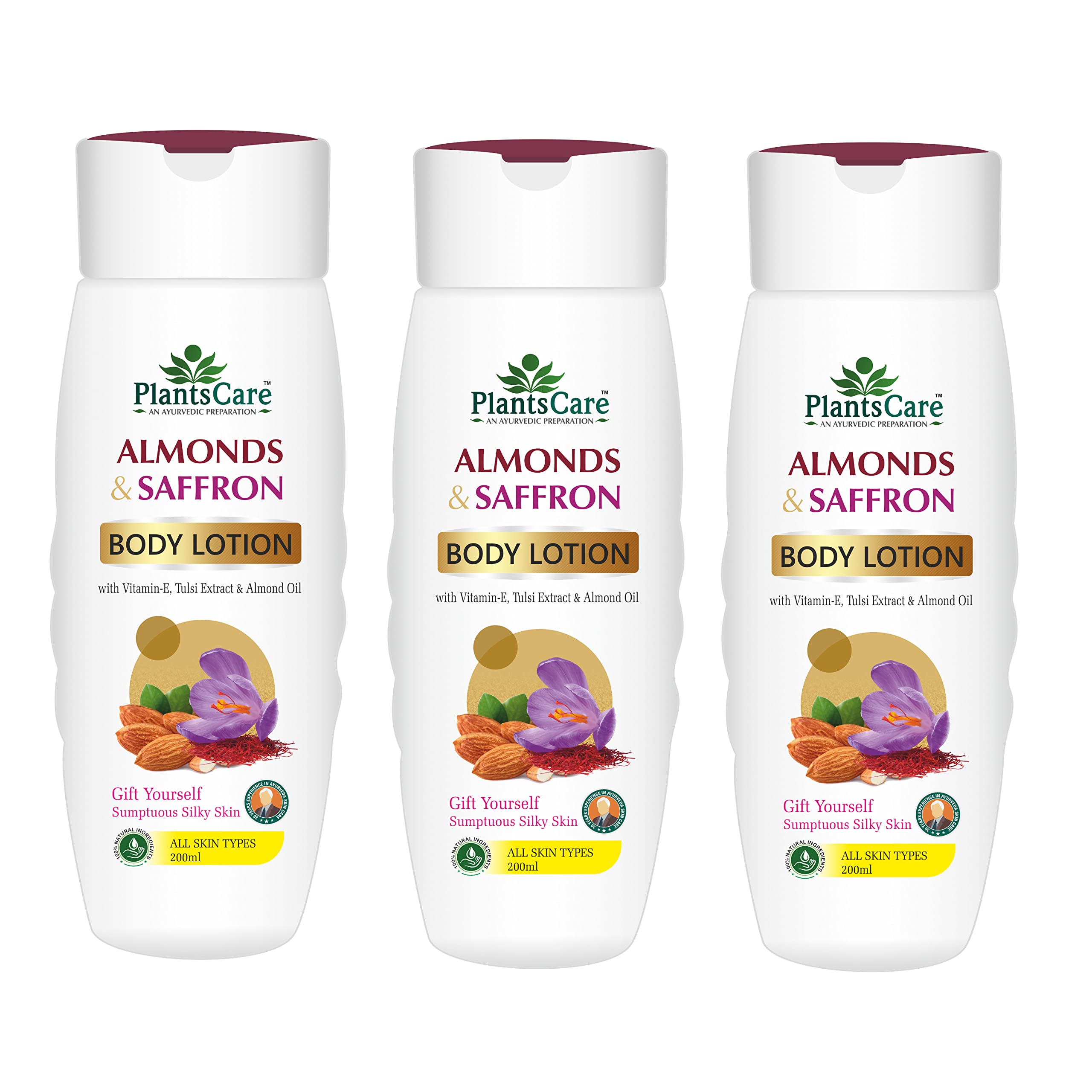 Almond & Saffron Body Lotion for Dry Skin - 200ml (Pack of 3) | Hydrating Moisturizer for Women & Men | Perfect for Daily Use, After Shower & Spa Treatments