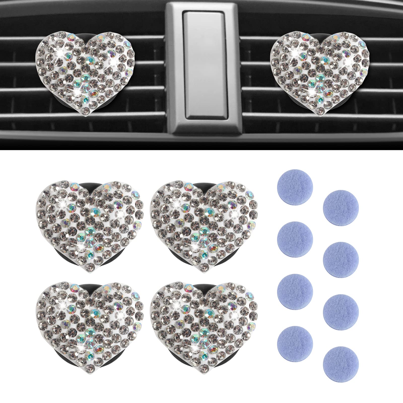 4 Pack Bling Heart Car Air Vent Clips - Colorful Car Air Freshener & Interior Decor Accessories for Women (White) | Perfect for Car Vent Decoration & Aromatherapy