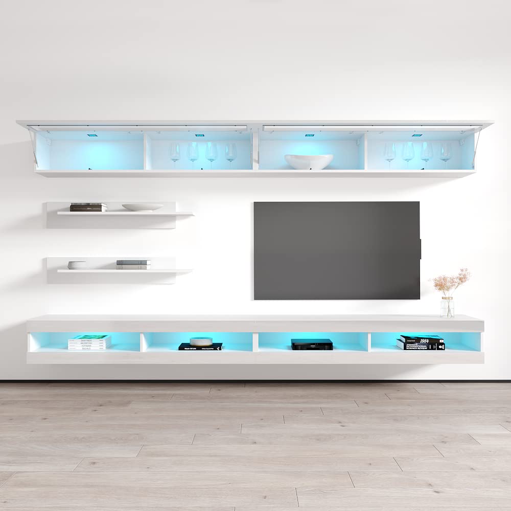 Modern White Wall-Mounted TV Stand with Storage Shelves & LED Lights - Floating Entertainment Center Console for Living Room & Bedroom - Perfect for Small Spaces & Home Theater Setup - Meble Furniture Fly I2 34TV Stand