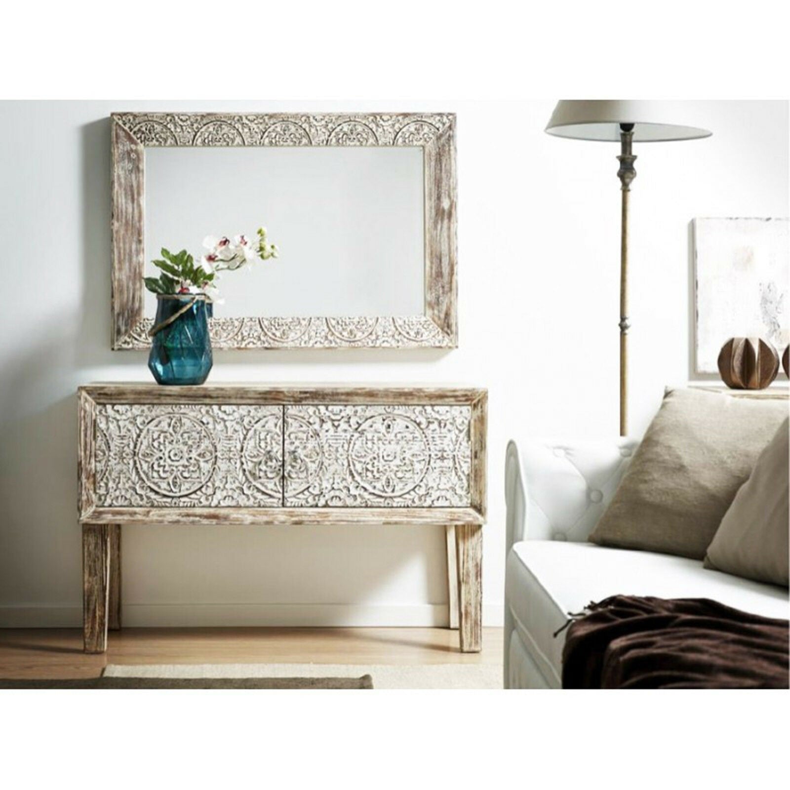 Hand Carved Solid Wood Hall Side Table - Rustic Entryway Console Table for Living Room, Bedroom & Foyer Decor - Perfect for Keys, Lamps & Home Organization