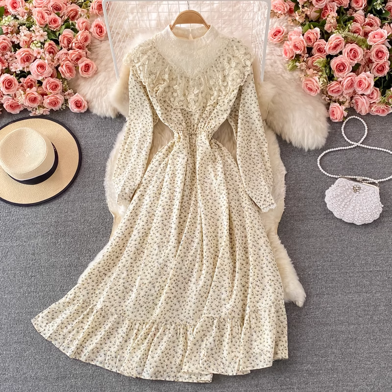 Elegant Autumn Stand Collar Lace Floral Dress - Sweet Princess Style Formal Dress for Women | Perfect for Weddings, Parties & Special Occasions
