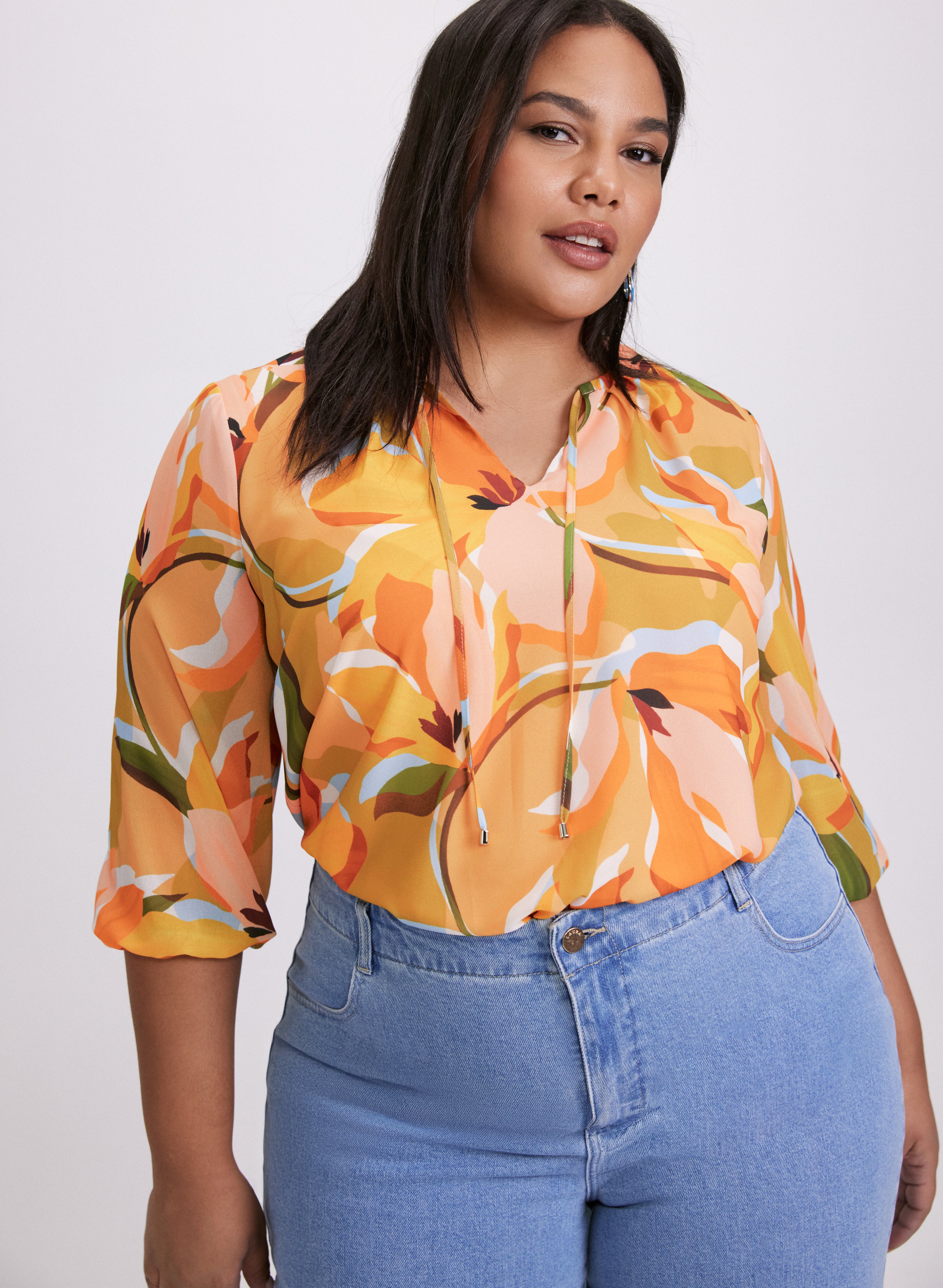 Floral Split Neck Blouse for Women - Elegant V-Neck Flowy Tops - Summer Casual & Office Wear - Perfect for Work, Date Night & Special Occasions