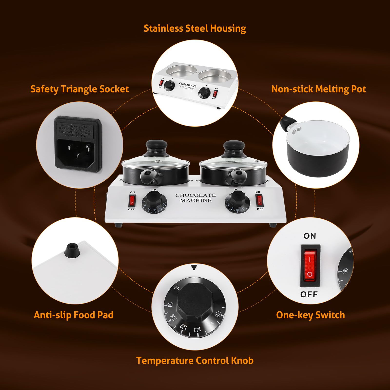 WICHEMI Electric Chocolate Melting Pot - Double Pots Chocolate Warmer & Tempering Machine for Home & Commercial Use - Perfect for Melting Chocolate, Butter, Cheese, Cream, Candy & Milk - Ideal for Baking, Candy Making, Fondue & Dessert Preparation