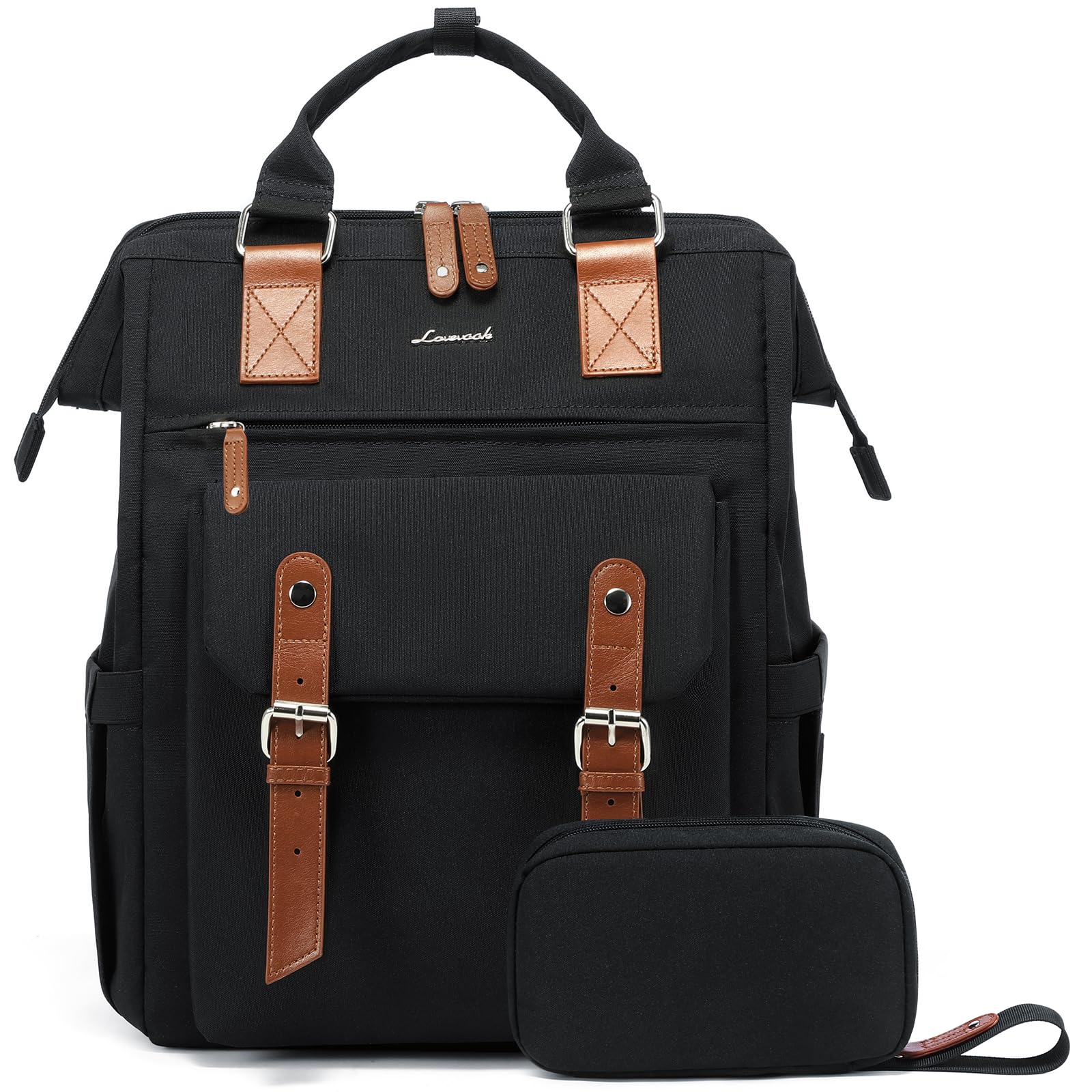 LOVEVOOK 15.6 Inch Women's Laptop Backpack - Stylish Work Travel Purse & Business Computer Bag for Commuters, Teachers, Nurses | Multi-Pocket College School Backpack & Student Bookbag (Black-Brown) - Perfect for Office, Campus & Daily Commute