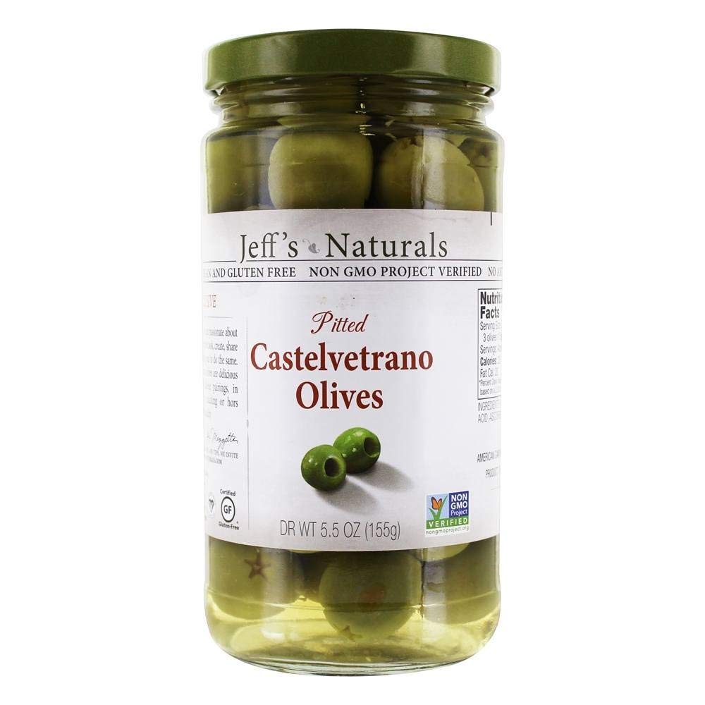 Jeffs Naturals Castelvetrano Green Pitted Olives, 5.5 oz - Perfect for Salads, Charcuterie Boards & Mediterranean Recipes