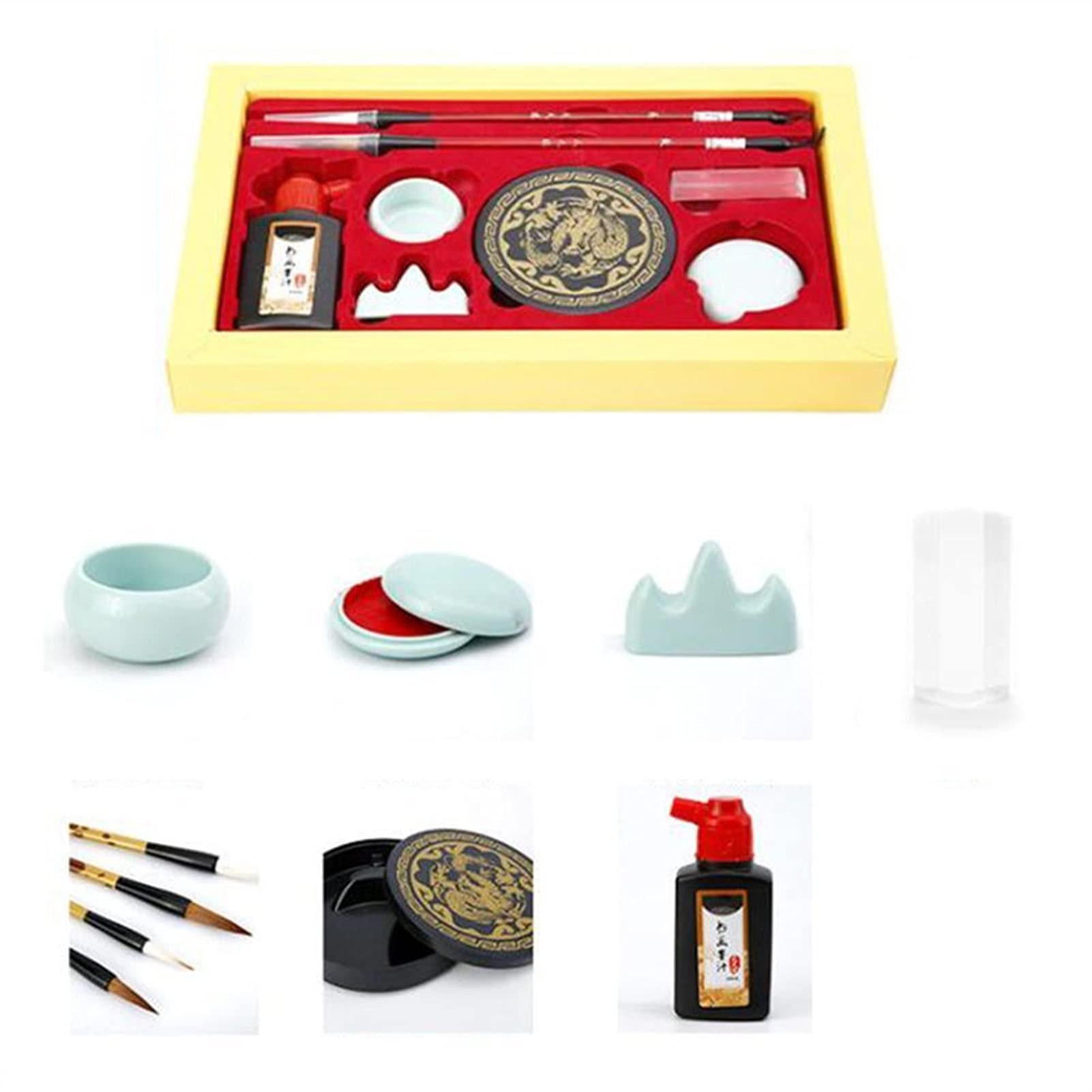 Premium Chinese Calligraphy Set - 5 Bamboo Brushes, Ink Stick & Stone Stamp - Traditional Calligraphy Writing Tools for Beginners & Artists - Perfect for Office, School, Art Classes & Home Decoration