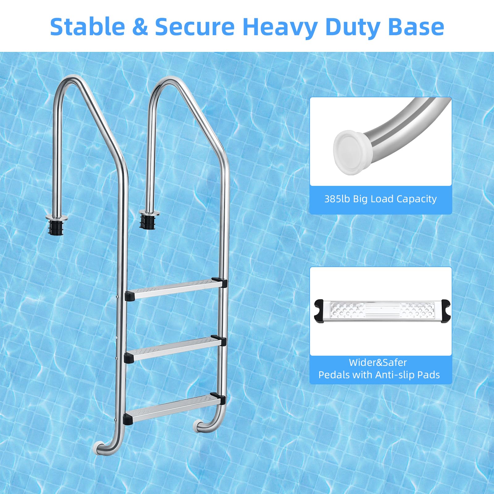 Stainless Steel Swimming Pool Ladder for Inground Pools - 3 Step Non-Slip Stairs with Ergonomic Handrails | Easy Assembly | Durable Pool Access Solution for Safe Entry & Exit | Perfect for Backyard, Residential & Commercial Pools