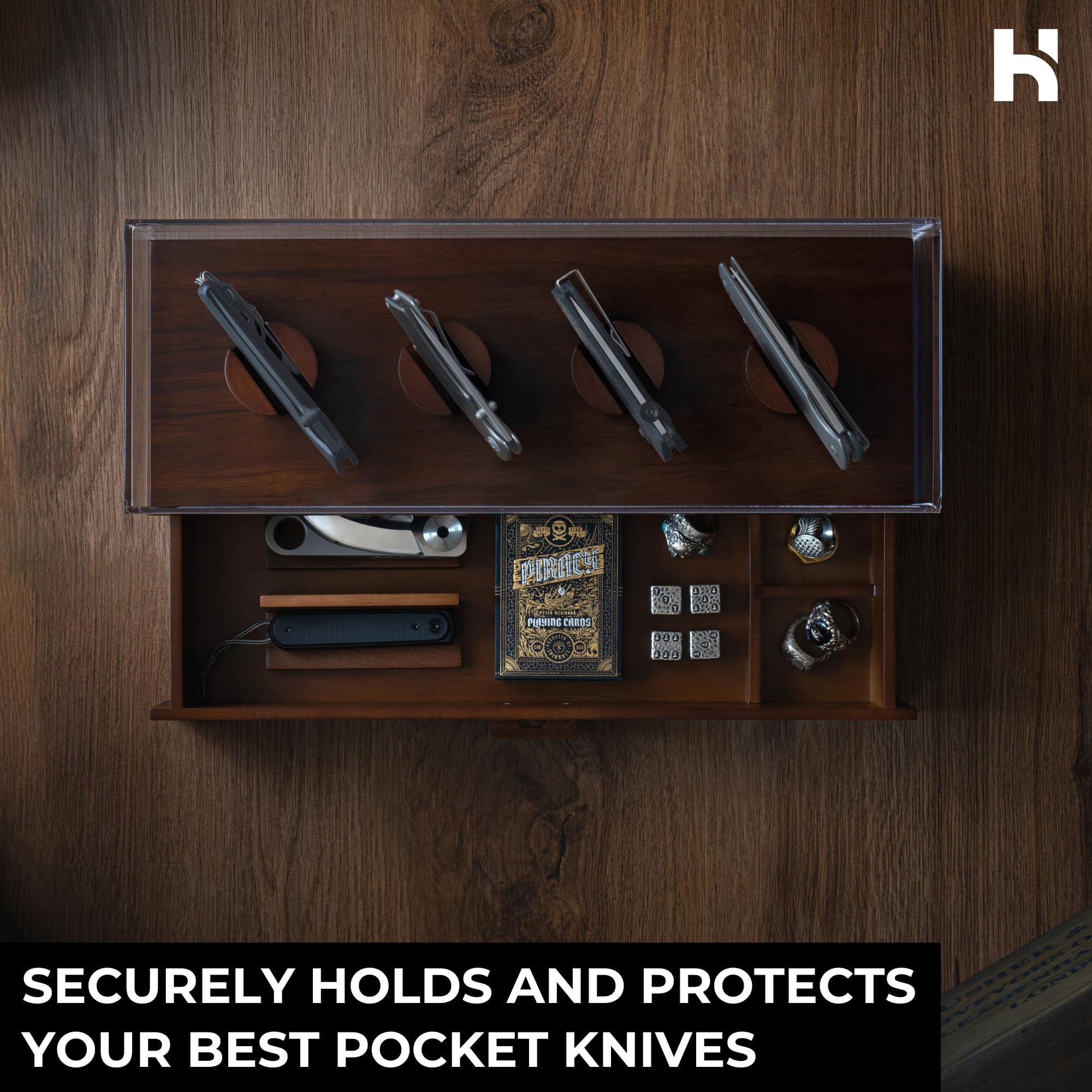 Premium Knife Deck – 6-Pocket Wooden Knife Display Case with Accessory Drawer | Perfect Knife Organizer & Collector's Gift for Men | Lifetime Warranty | Ideal for Home, Office, or Camping Use