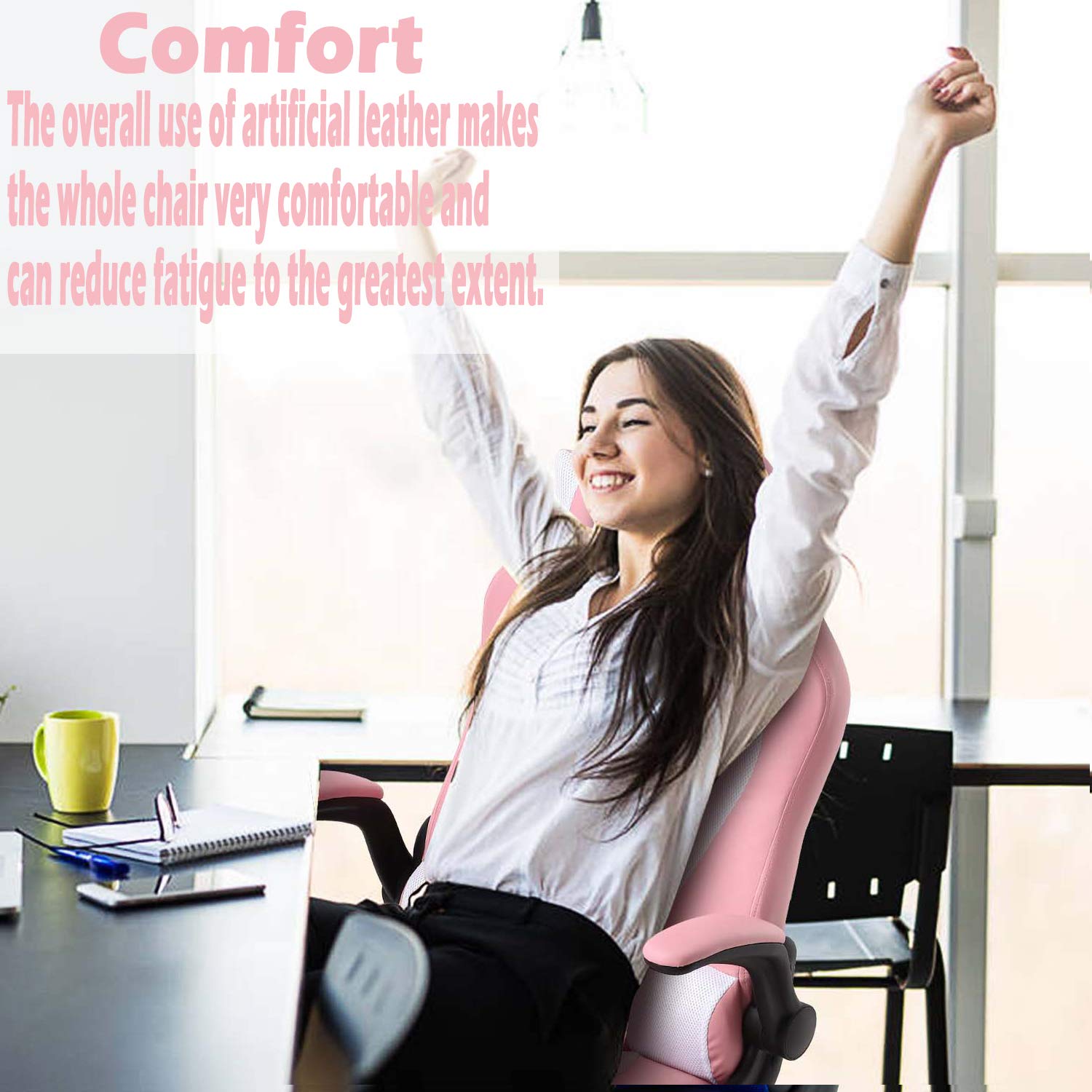 Ergonomic Gaming Chair - High Back Racing Office Chair with Adjustable Height, PU Leather, Lumbar Support & Headrest - Pink Computer Desk Chair for Gamers & Home Office