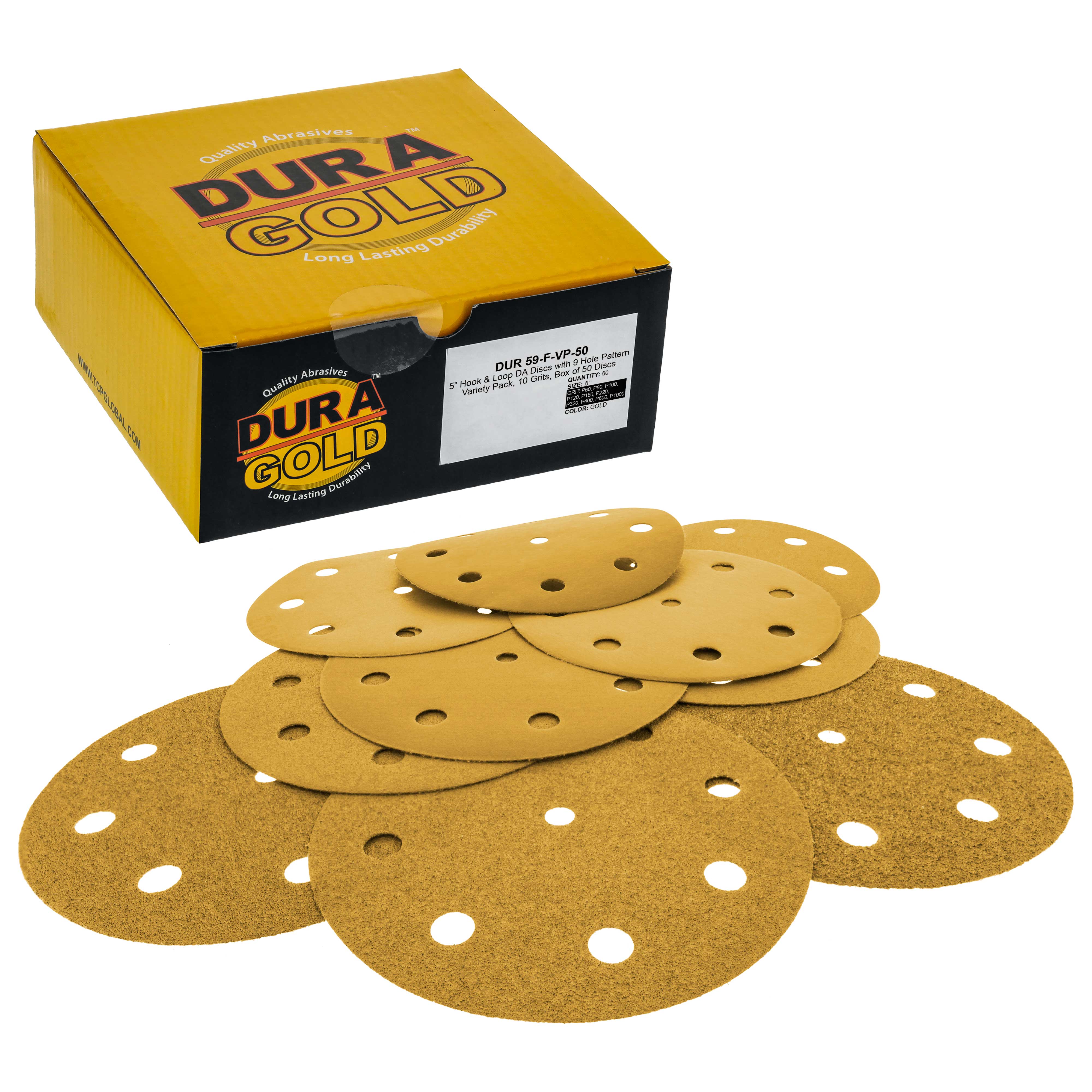 5 Gold DA Sanding Discs - 50 PCS Variety Grit Pack with 9 Hole Hook & Loop for Automotive, Woodworking & Metal Polishing