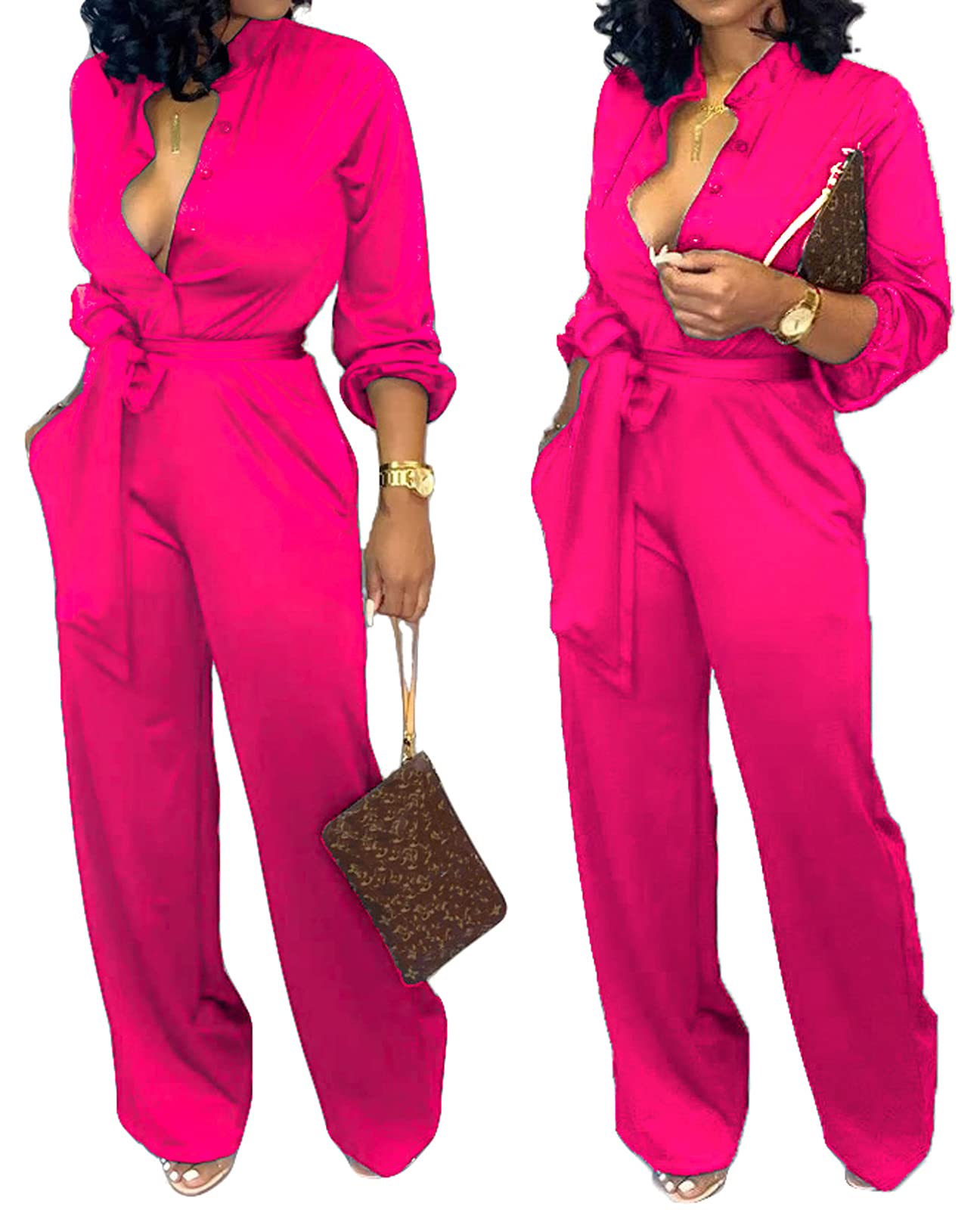 Elegant Women's V-Neck Long Sleeve Jumpsuit with Wide Leg Pants, Belt & Pockets - Perfect for Work, Casual Outings & Date Nights