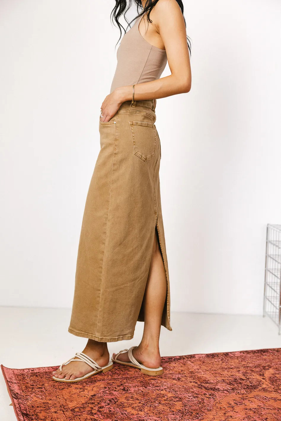 Harley Denim Midi Skirt for Women - Mocha Brown High Waist A-Line Denim Skirt | Vintage Style Casual Skirt | Perfect for Spring Outfits, Date Nights & Office Wear