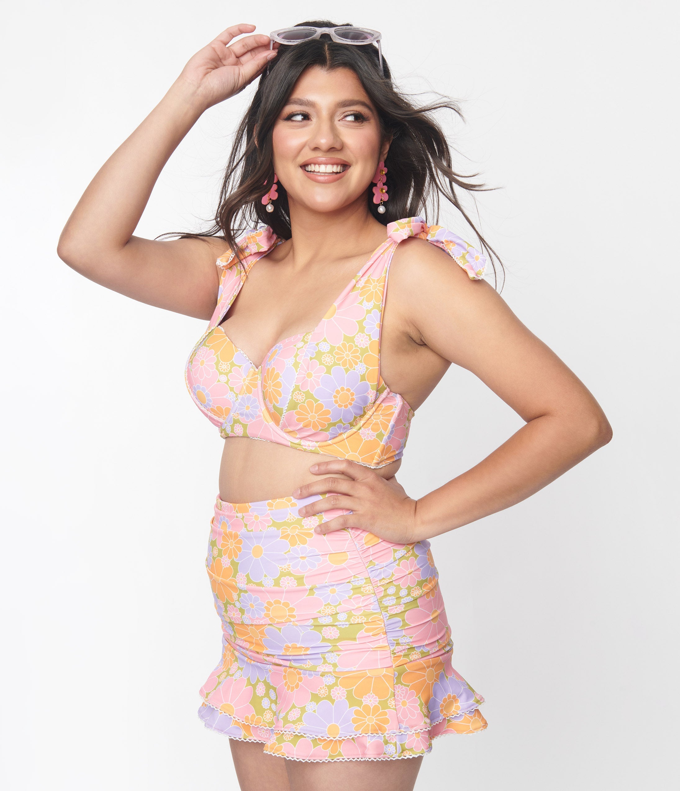 Vintage Avocado & Multicolor Daisy Print Alice Swim Skirt - Retro High Waisted Swimwear for Women, Beach Cover Up, Pool Party, Summer Vacation Outfit