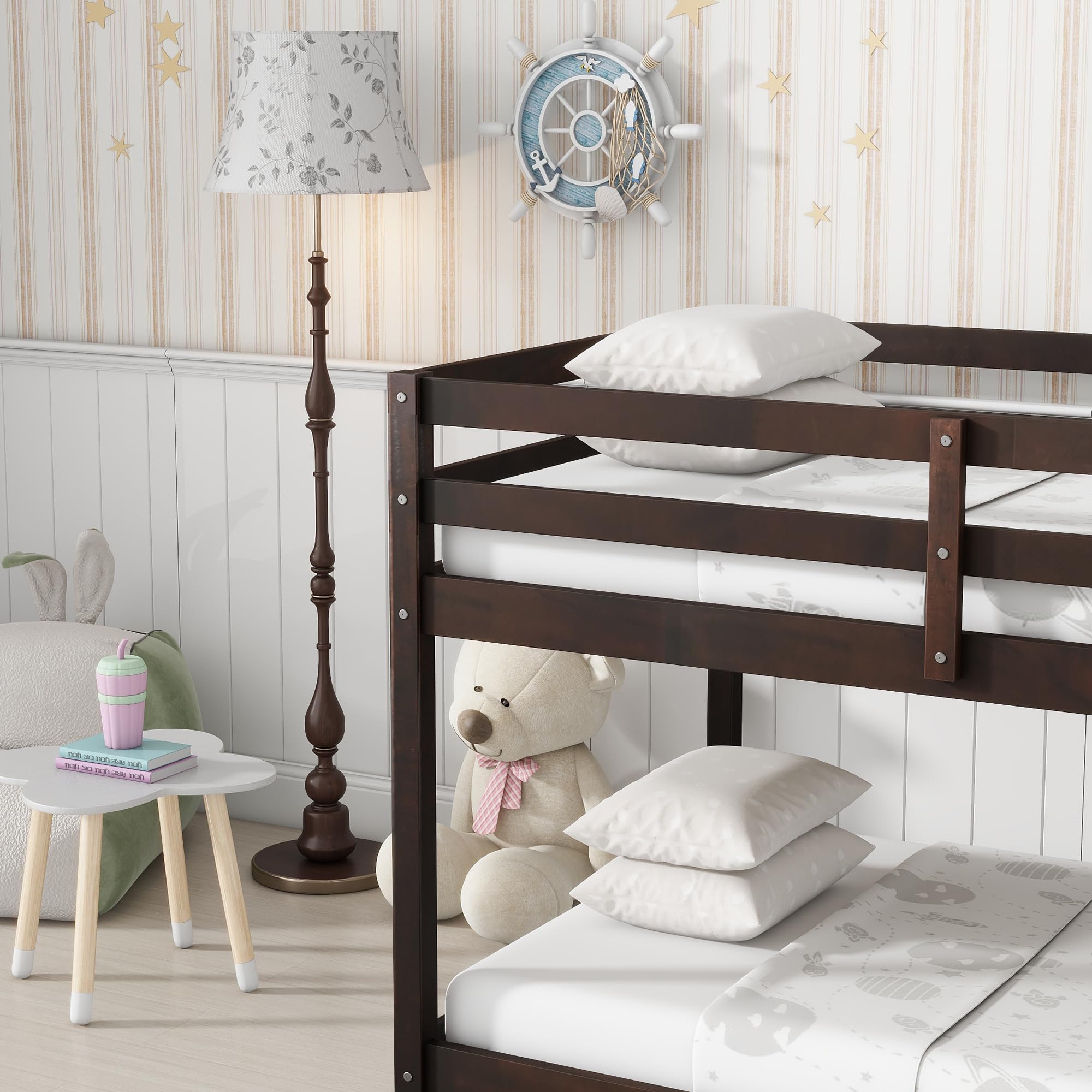 **Twin Over Twin Low Bunk Bed Frame - Wooden Junior Loft Bed for Kids, Boys, Girls & Teens with Safety Rails - Espresso Finish - Perfect for Small Bedrooms, Dorms & Shared Kids' Rooms**