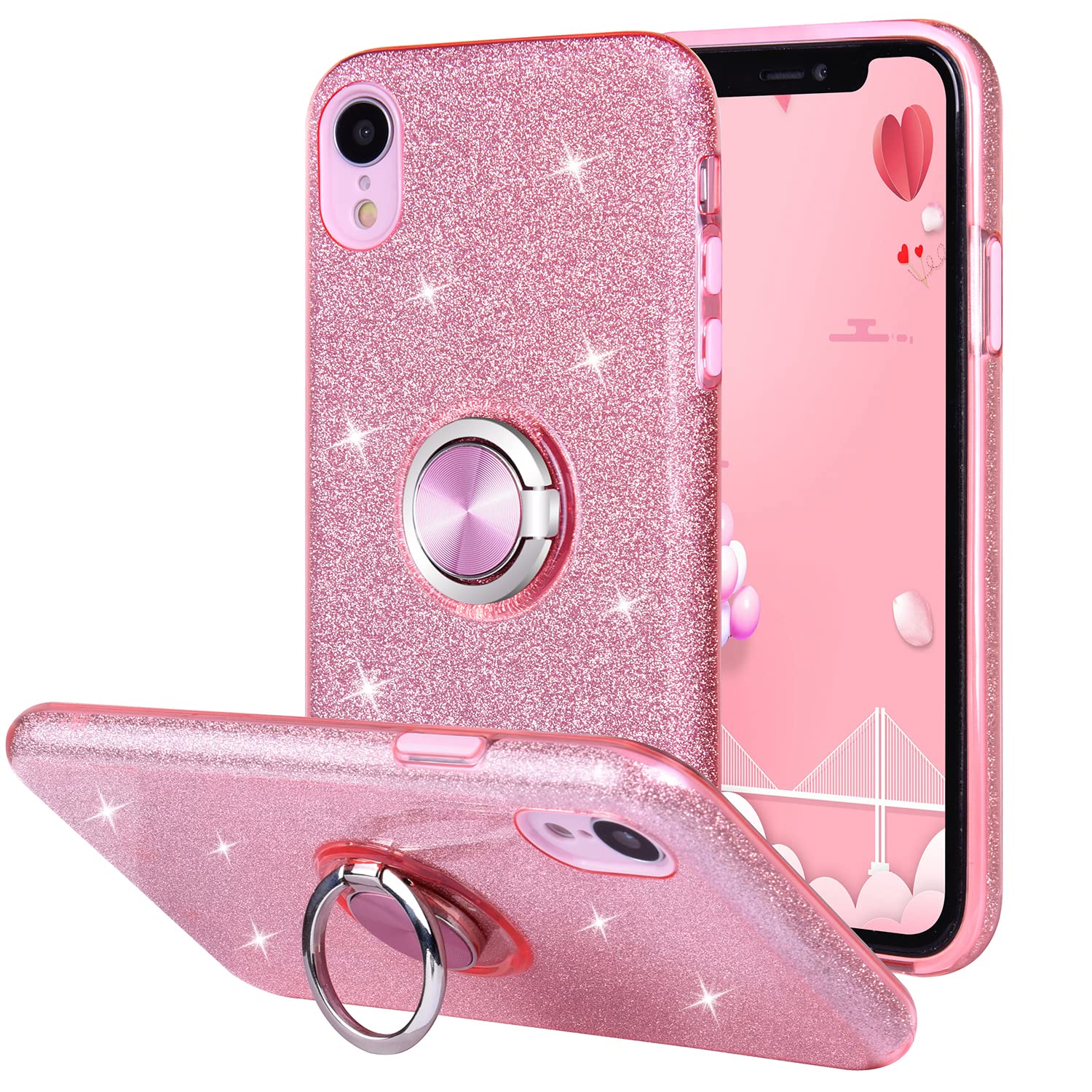Wisdompro Cute Glitter Bling Sparkle Protective Case with Ring Kickstand for iPhone XR (6.1 Inch) - Pink | Durable Shockproof Cover for Women & Girls | Perfect for Daily Use, Work & Travel