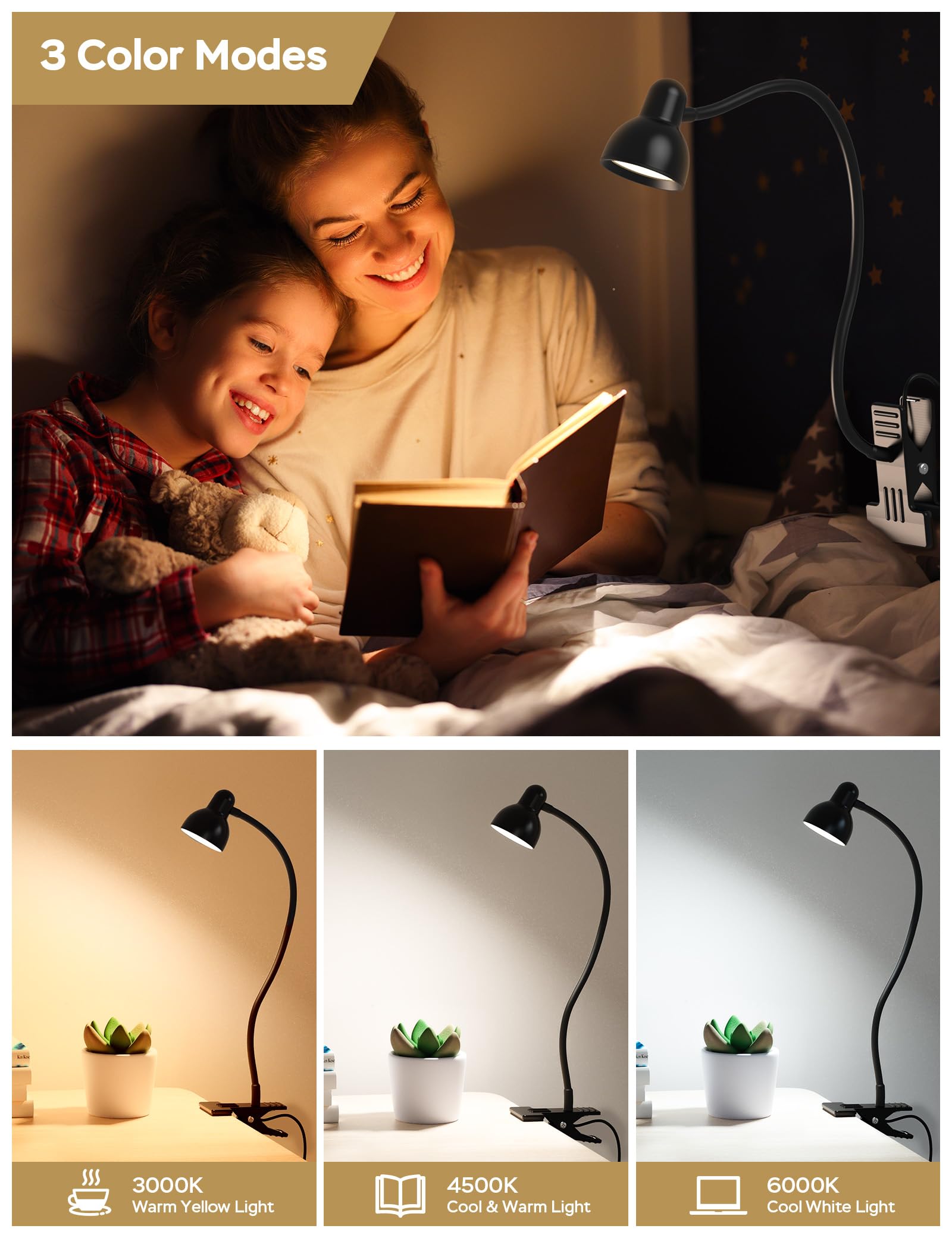 Clip On Reading Light for Bed - 3 Color Modes & 10 Dimmable Brightness Levels, Eye-Caring Flexible Gooseneck Desk Lamp with Clamp - Perfect for Night Reading, Studying, Computer Work, and Bed Headboard Use