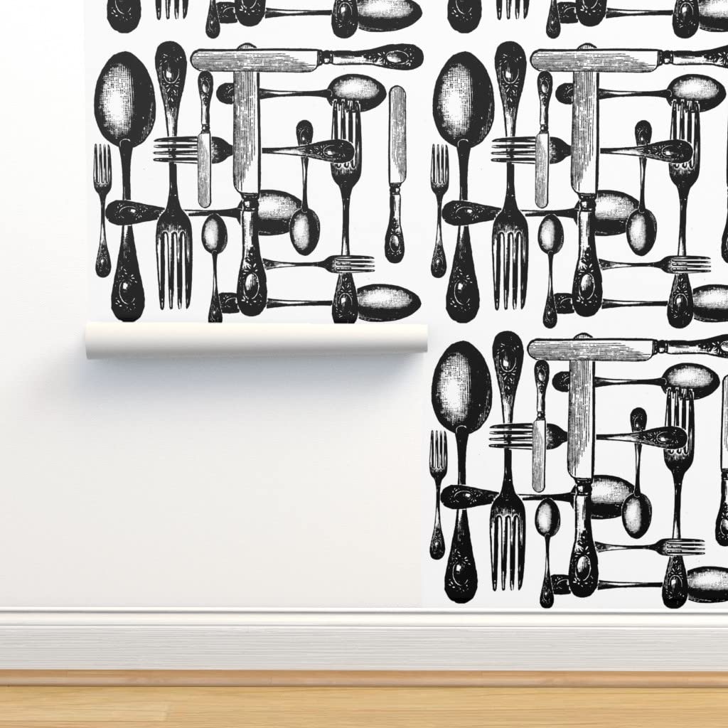 12ft x 2ft Peel & Stick Removable Wallpaper - Vintage Kitchen Utensils Black & White Design | Perfect for Kitchen Backsplash, Accent Walls & Home Decor