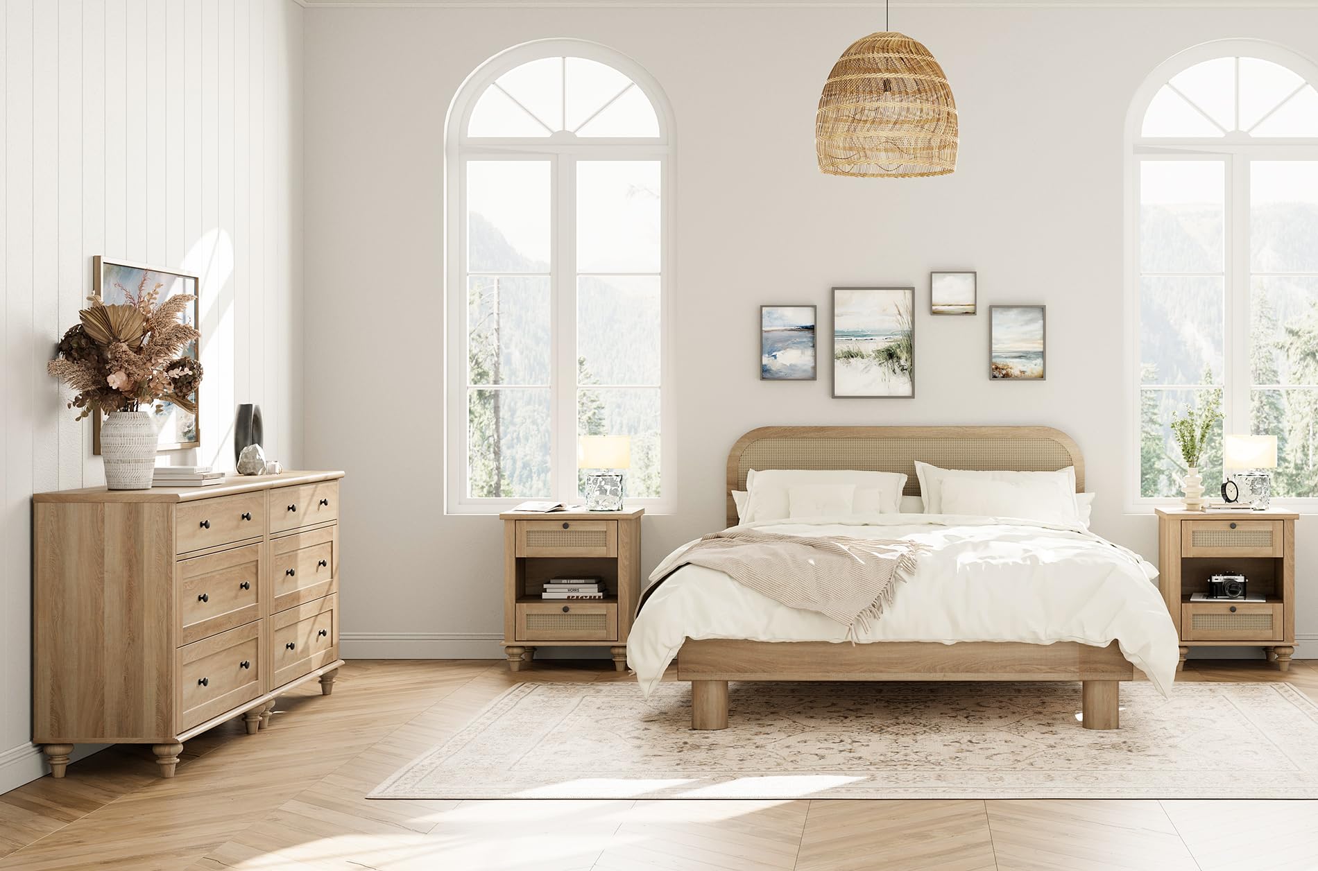 WAMPAT 4-Piece Bedroom Dresser Set with Nightstands - Farmhouse Style 3-Drawer Dressers & Side Tables with USB Charging Station, Solid Oak Furniture for Master Bedroom, Guest Room or Dorm