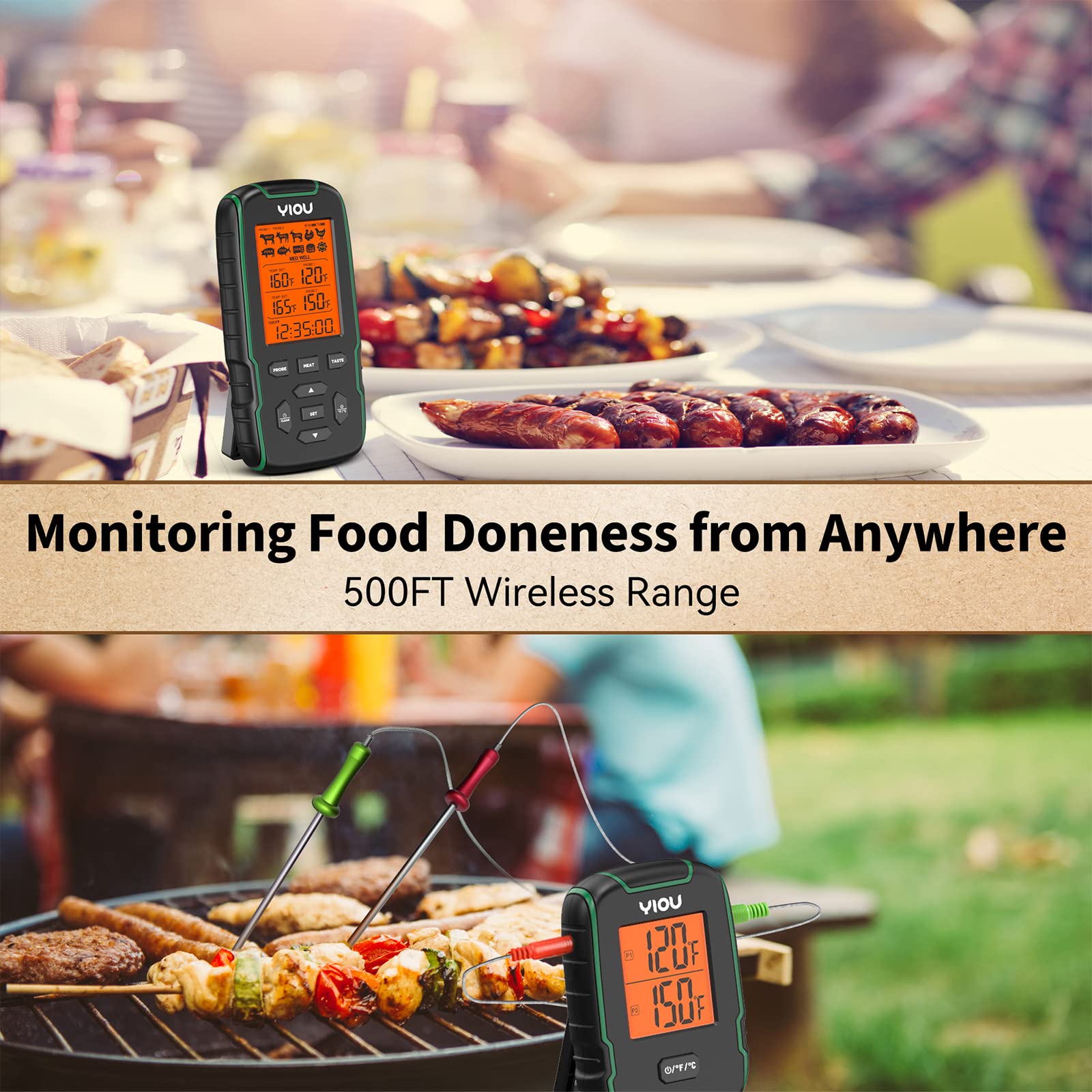 YIOU Wireless Digital Meat Thermometer with 2 Probes - 500FT Long Range, Ultra Accurate & Fast Cooking Thermometer for Oven, Grill, Smoker - Perfect for BBQ, Roasting, Baking & Sous Vide Cooking