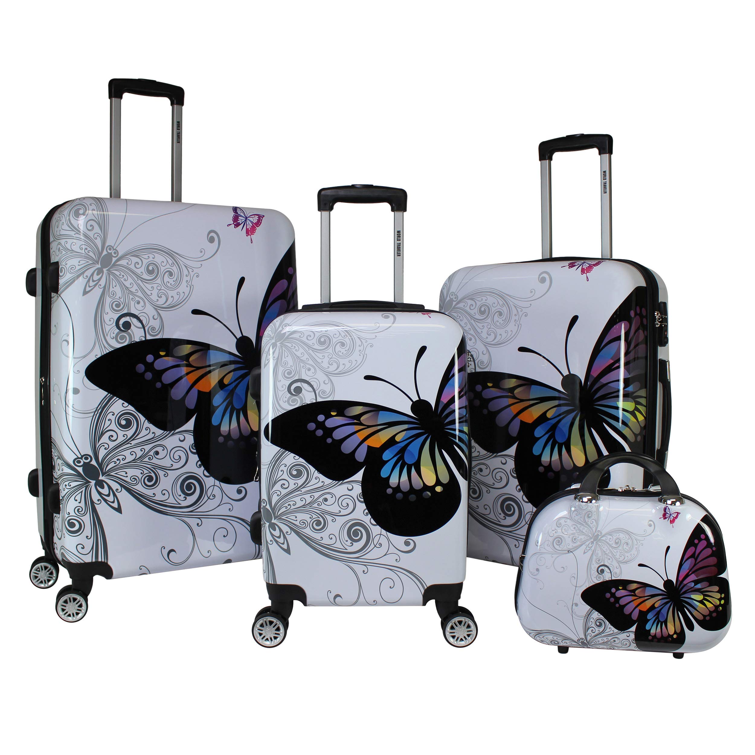 World Traveler Butterfly Luggage 4-Piece Set - Lightweight Spinner Suitcases with TSA Lock for Women & Teens - Perfect for Family Vacations, Business Trips & International Travel